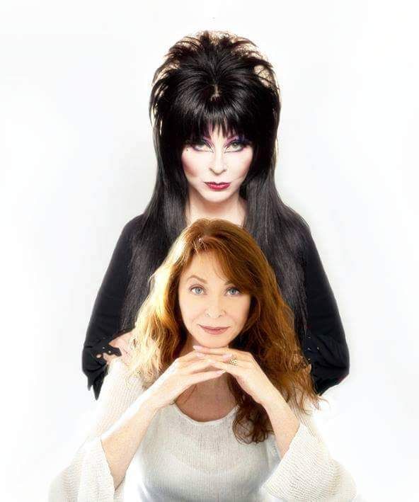 two women are shown in a portrait.  the woman on top is wearing a black jacket and has long black hair. the woman on the bottom has long blonde hair and is wearing a white sweater. they are both smiling at the camera.