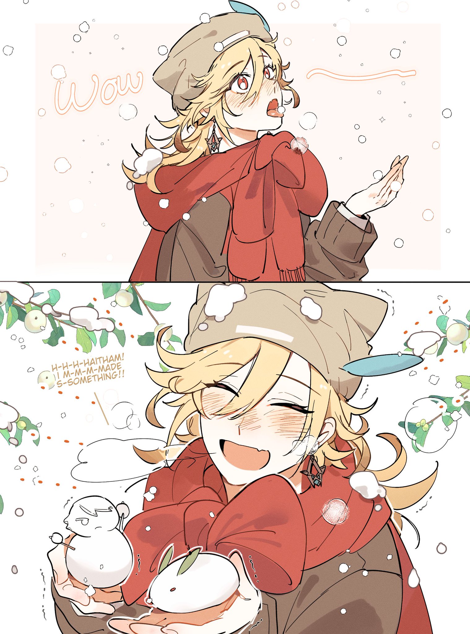 the image features two anime girls. the first girl, on the top, is wearing a red scarf and brown hat and is throwing snow in the air. the second girl, on the bottom, is holding snowmen in her hands, has blonde hair, and a large, excited smile. the background features a snowy winter scene.