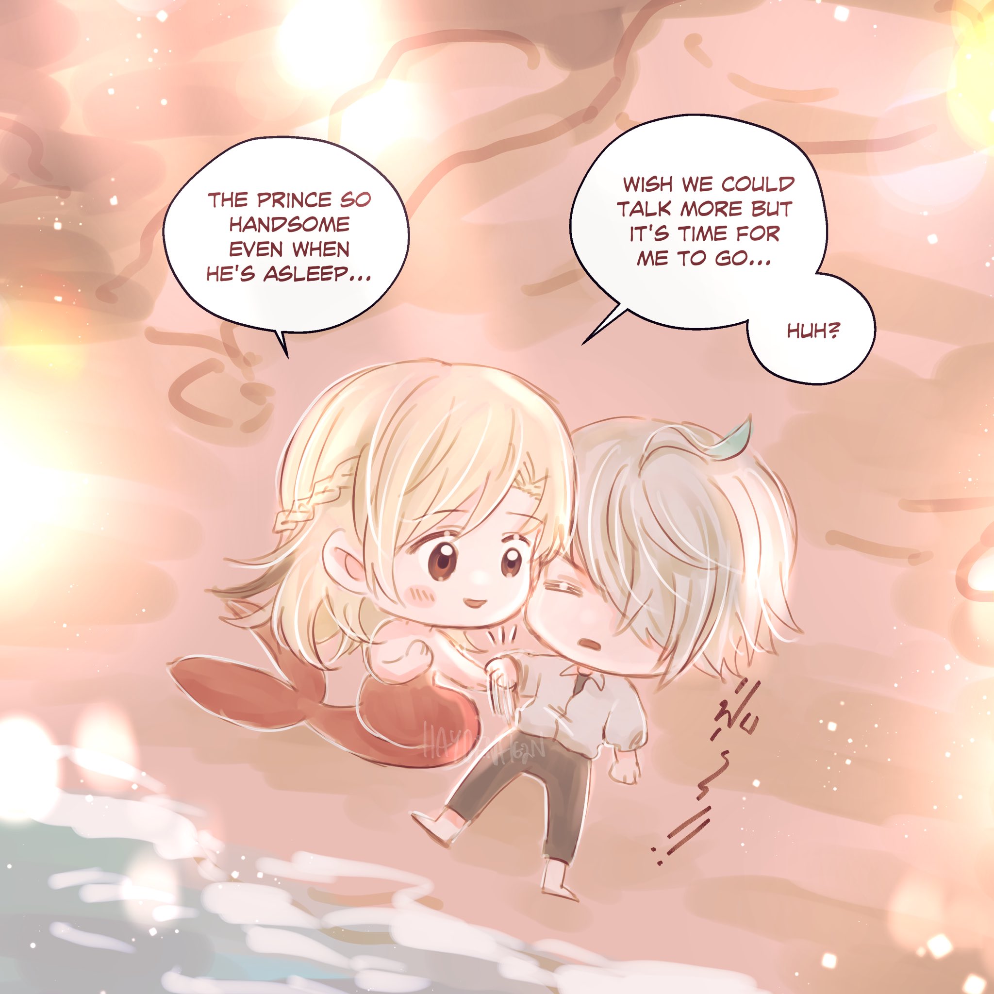 the image shows a mermaid and a prince on a beach at sunset. the prince is leaning over and talking to the mermaid, who is asleep. the prince is saying that he wishes they could talk more but it is time for him to go. the mermaid is smiling in her sleep and the prince has a sad expression on his face. the image conveys a sense of love and affection, but also of sadness at having to say goodbye.