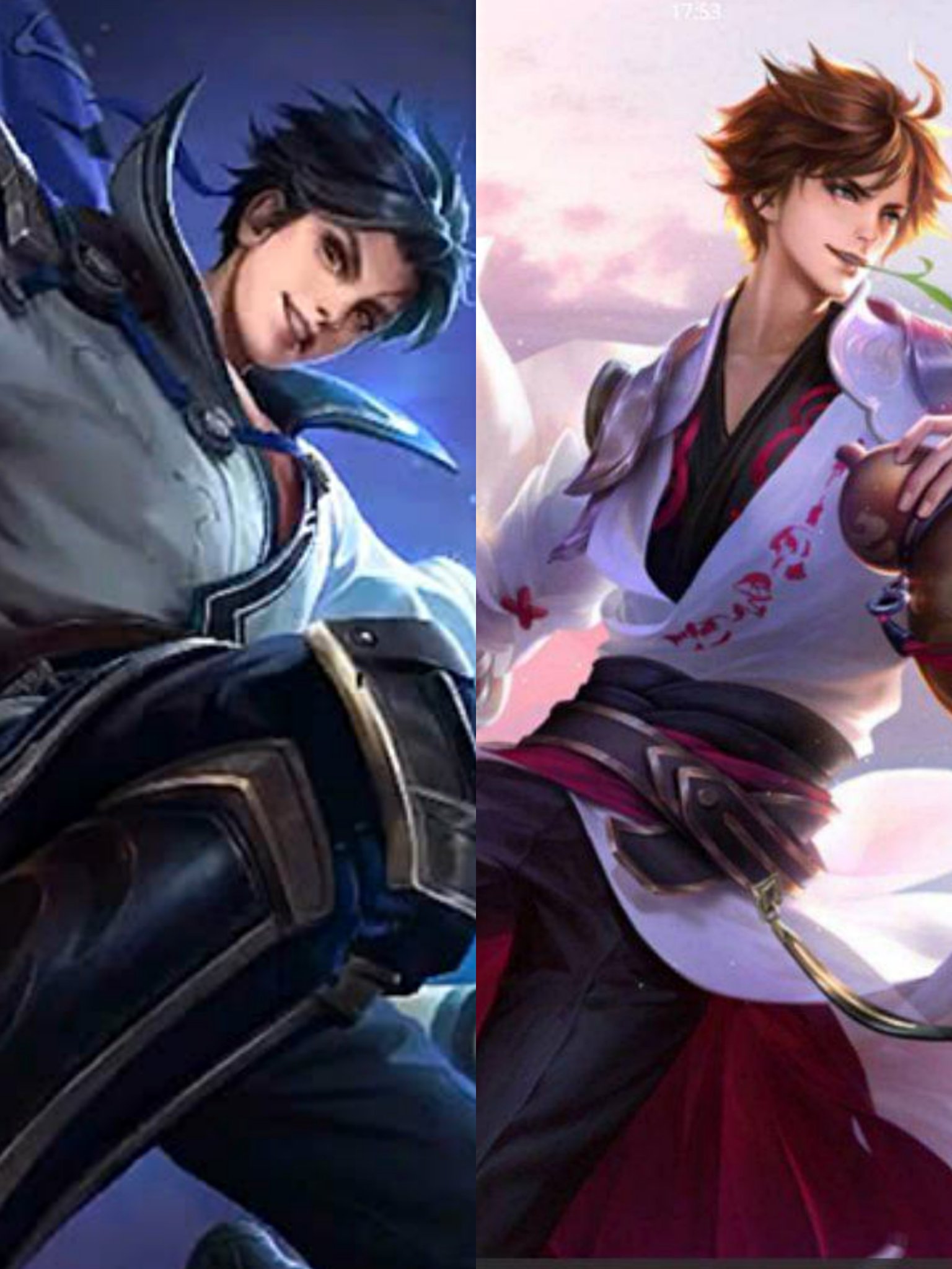the image is a digital illustration of two male anime characters from the game mobile legends. the character on the left is wearing a dark blue and white outfit with a sword and appears to be a warrior with a serious expression. the character on the right is wearing a white and red outfit and appears to be a fighter with a more relaxed expression. they are both positioned in a fighting stance, with their weapons at the ready. the background is a blur of light and dark colors, suggesting that they are in the midst of battle. the overall style of the art is highly stylized and detailed.