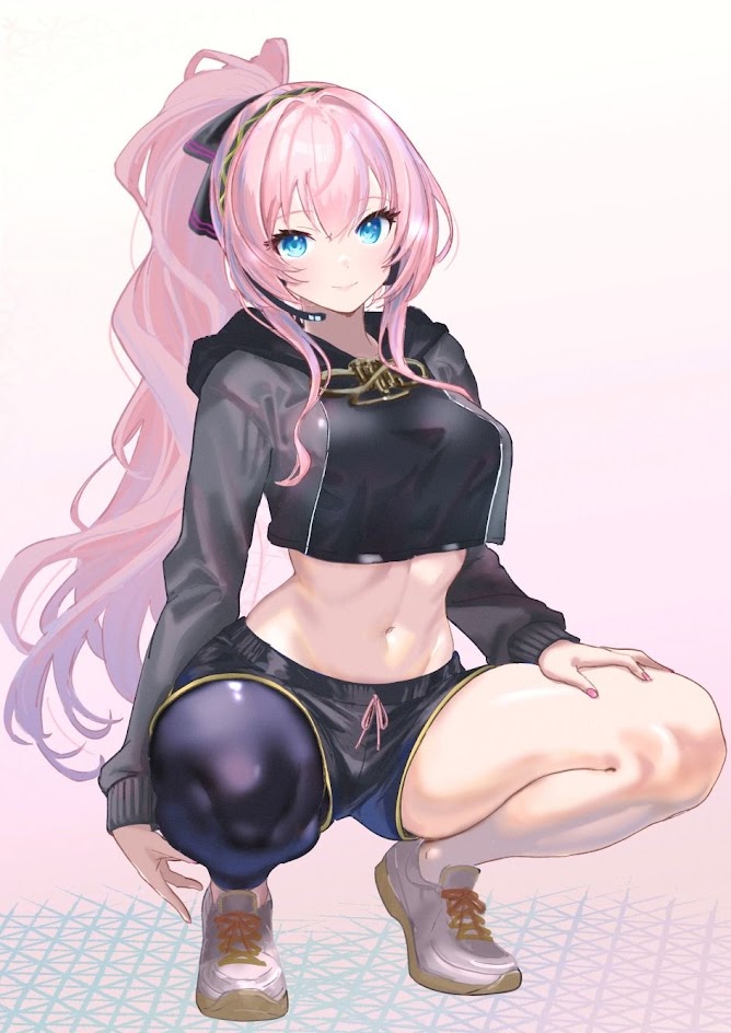 this is an anime illustration of a girl with pink hair, blue eyes, wearing a black crop top and black shorts. she is sitting with her legs bent, and her feet are in white sneakers. she is looking at the viewer, and she has a friendly smile on her face.