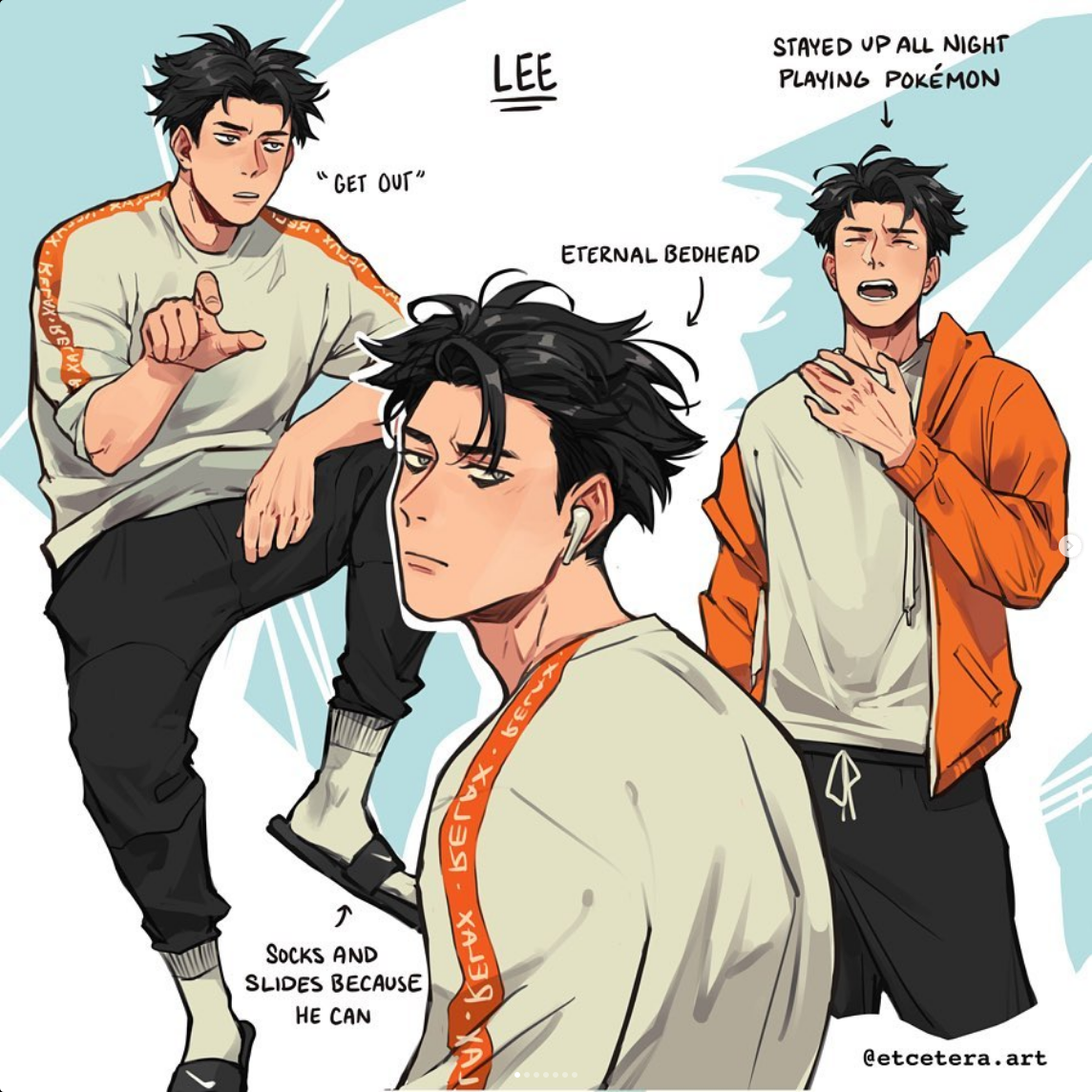 an animestyle illustration showcasing a young man named lee in various poses and expressions. he has short black hair and a slightly annoyed expression in most of the panels. he is depicted wearing different casual outfits, including graphic tees, a hoodie, and slides with socks. the text highlights his personality traits like staying up late playing pokemon, being told to "get out," having an "eternal bedhead," and his preference for comfort in clothing.