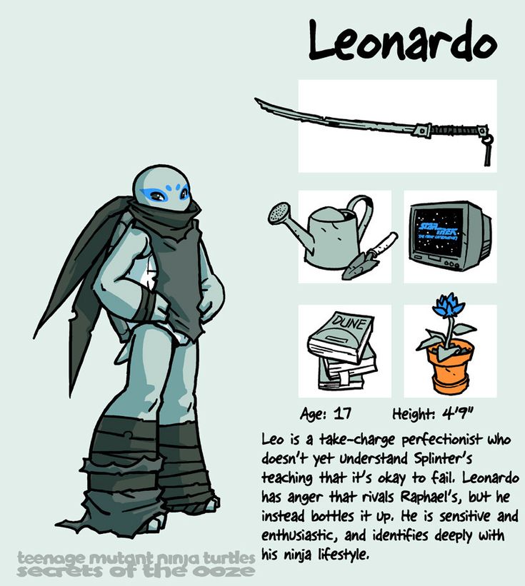 the image is a cartoon illustration of leonardo from the teenage mutant ninja turtles.  leonardo is a humanoid turtle who is wearing a black mask and dark blue bandana.  the image is in a comic book style, with lines surrounding the characters and objects.  the image includes other objects that are associated with leonardo, including a katana, a watering can, a stack of books, and a potted plant.   there is also a small tv with a "star trek" image displayed on the screen.  text surrounding leonardo states his age, height, and personality description.  at the bottom, the text "teenage mutant ninja turtles: secrets of the ooze" is displayed.