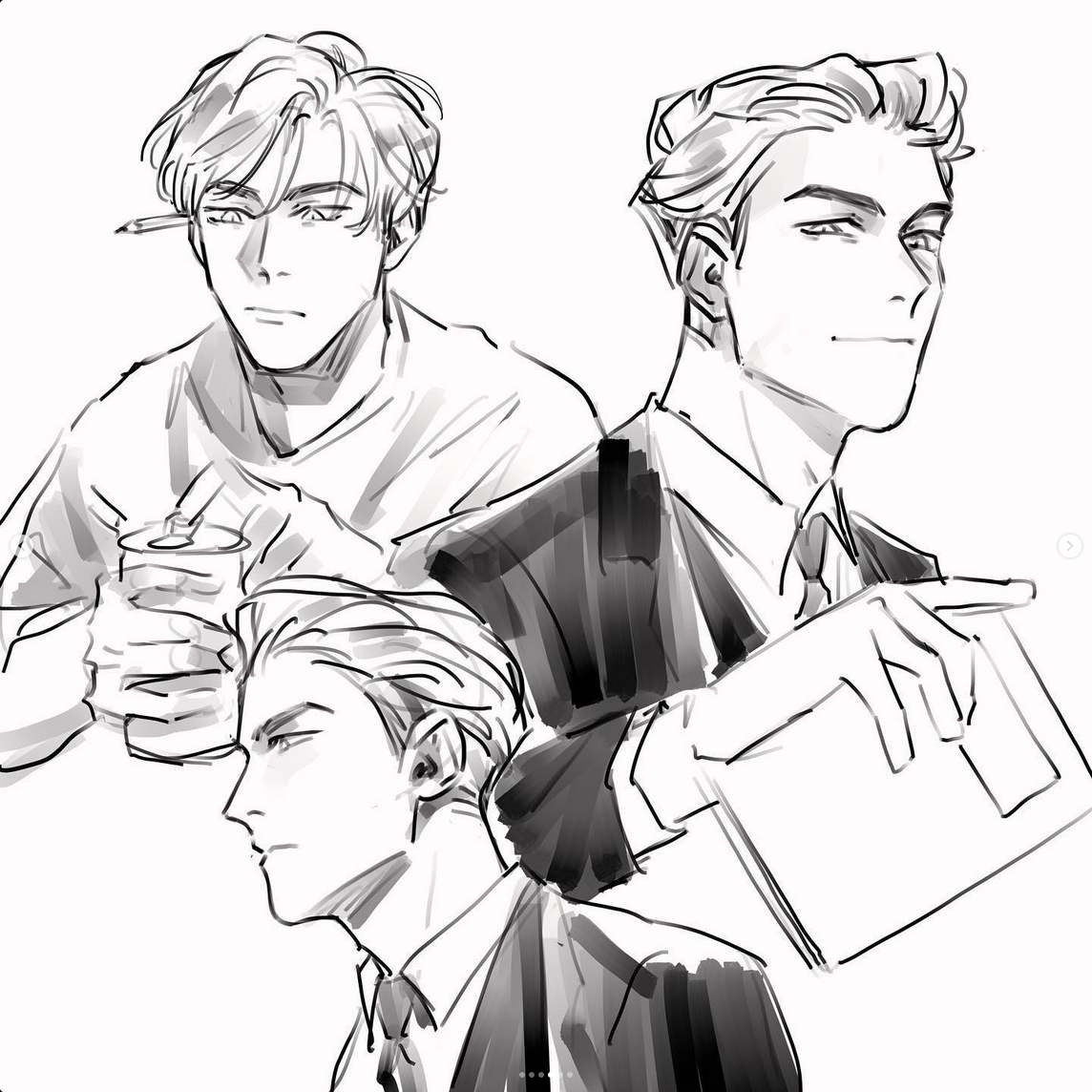 the image showcases three different sketches of the same male character.  it appears to be character design or concept art. the top left sketch portrays him in casual clothing, possibly holding a pencil and a canned drink. the top right and bottom sketches depict him in a more formal setting, wearing a suit and holding what seems to be a notepad. the sketches are done in a stylized, semirealistic manner with a focus on conveying emotion and personality. the use of shading and line work adds depth and dimension to the drawings.