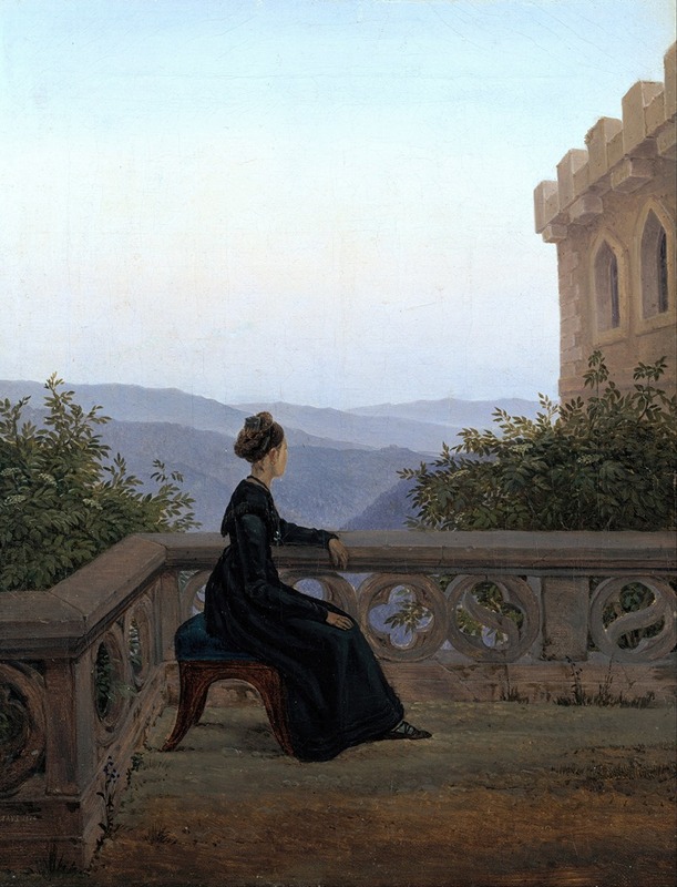 the painting depicts a woman sitting on a balcony, looking out at a landscape of mountains. she is wearing a long black dress. the balcony is part of a castle, and the mountains are in the distance. the painting is signed by caspar david friedrich.