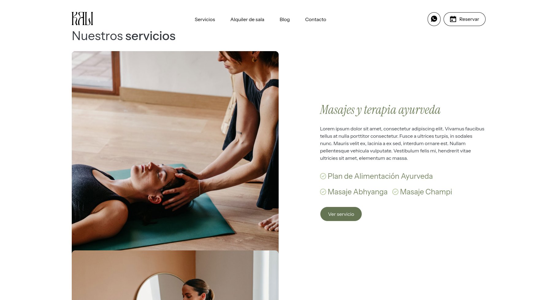 the image showcases an ayurvedic massage therapy session. a woman is laying on a mat with her eyes closed, receiving a massage from a therapist. the image conveys a sense of peace, relaxation, and wellbeing, highlighting the benefits of ayurvedic therapies. the caption "masajes y terapia ayurveda"  (massages and ayurveda therapy) further emphasizes the focus on ayurvedic practices. the image also includes a website section with a description of the services offered, including a "plan de alimentación ayurveda" (ayurvedic diet plan), "masaje abhyanga" (abhyanga massage) and "masaje champi" (champi massage), suggesting a comprehensive approach to wellness. the overall aesthetic of the image is clean, inviting, and promotes a sense of calmness and tranquility.