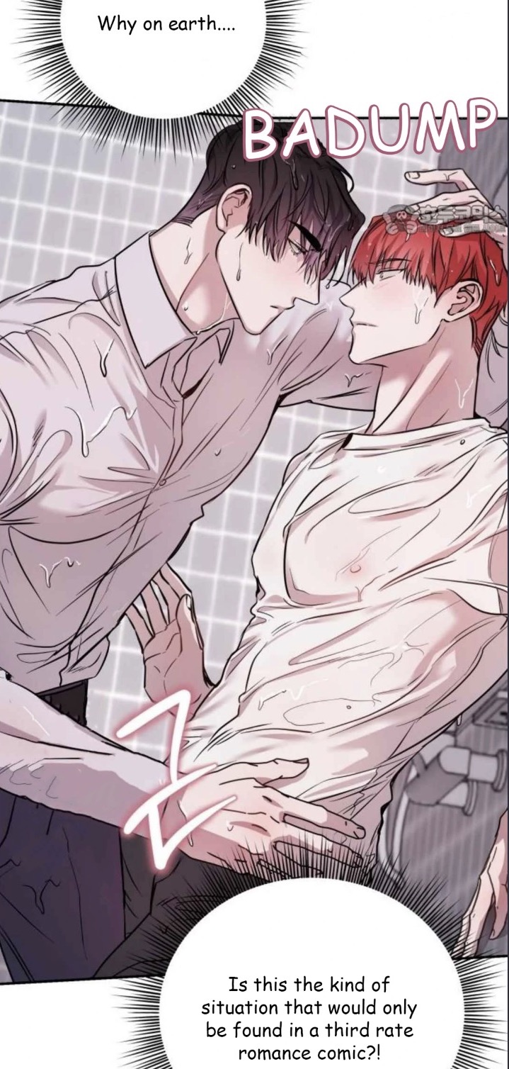 he image is a panel from a manhwa (korean comic) depicting two young men in a close, intimate embrace. one man, with dark hair, is slightly above the other, whose hair is red. both are shirtless and appear to be wet, suggesting they may have just showered or bathed. the scene is tender and suggestive, with the body language and facial expressions hinting at romantic feelings.  the background is somewhat blurred, suggesting a bathroom or similar setting. text bubbles indicate surprise and question the believability of the situation, comparing it to a lowquality romance comic. the overall style is suggestive and passionate, common in bl genre.