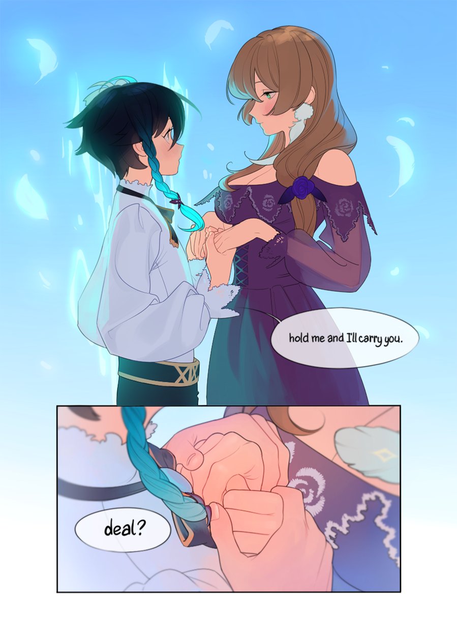 the illustration showcases a tender moment between a woman with flowing brown hair and a young man with dark, tealtipped hair. bathed in soft sunlight, they stand against a backdrop of a clear blue sky dotted with delicate, white feathers, suggesting a serene and ethereal atmosphere. they're engaged in a heartfelt exchange, their hands clasped together. the woman, adorned in an elegant period dress with intricate detailing, lovingly gazes at the young man. her expression and posture convey a sense of reassuring strength and affection as she utters the words, "hold me and i'll carry you."  the young man, dressed in a white shirt with a black vest,  looks up at her with an expression that hints at uncertainty and vulnerability.  he responds with a simple "deal?" his hand, intertwined with hers, suggests a willingness to trust and rely on her. the closeup on their intertwined hands emphasizes the significance of their connection and the promise being made.