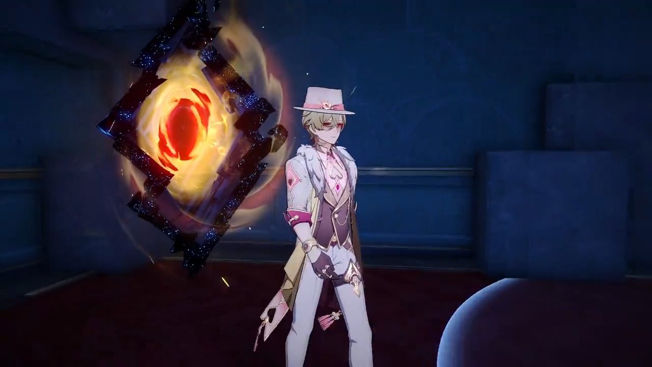 a male anime character in a fancy suit, holding a sword. he is wearing a hat and has blonde hair. he is standing in front of a glowing fire portal.