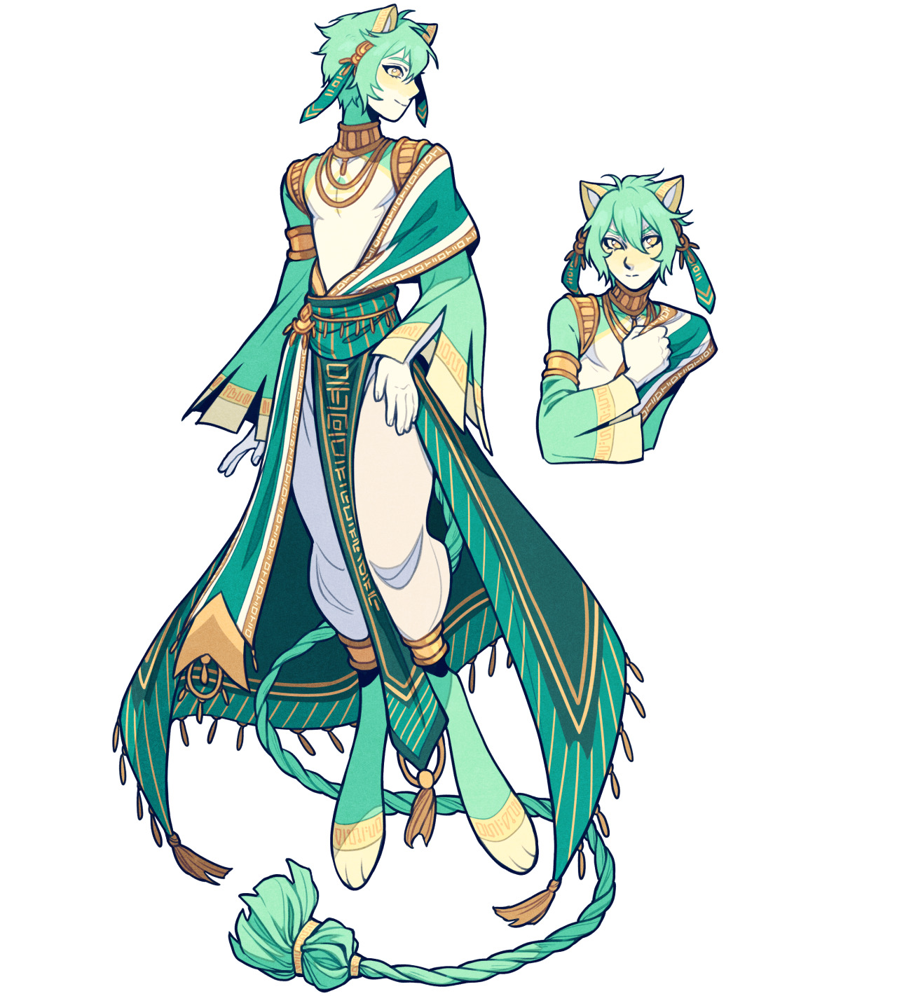 this digital illustration presents a character design of an anthro feline. the character, with green fur and hair, wears an elaborate green and gold outfit. the design is reminiscent of ancient egyptian clothing. the character is shown in both a fullbody front view and a bust ¾ view, showcasing their attire and design details. the background is plain white, highlighting the character.