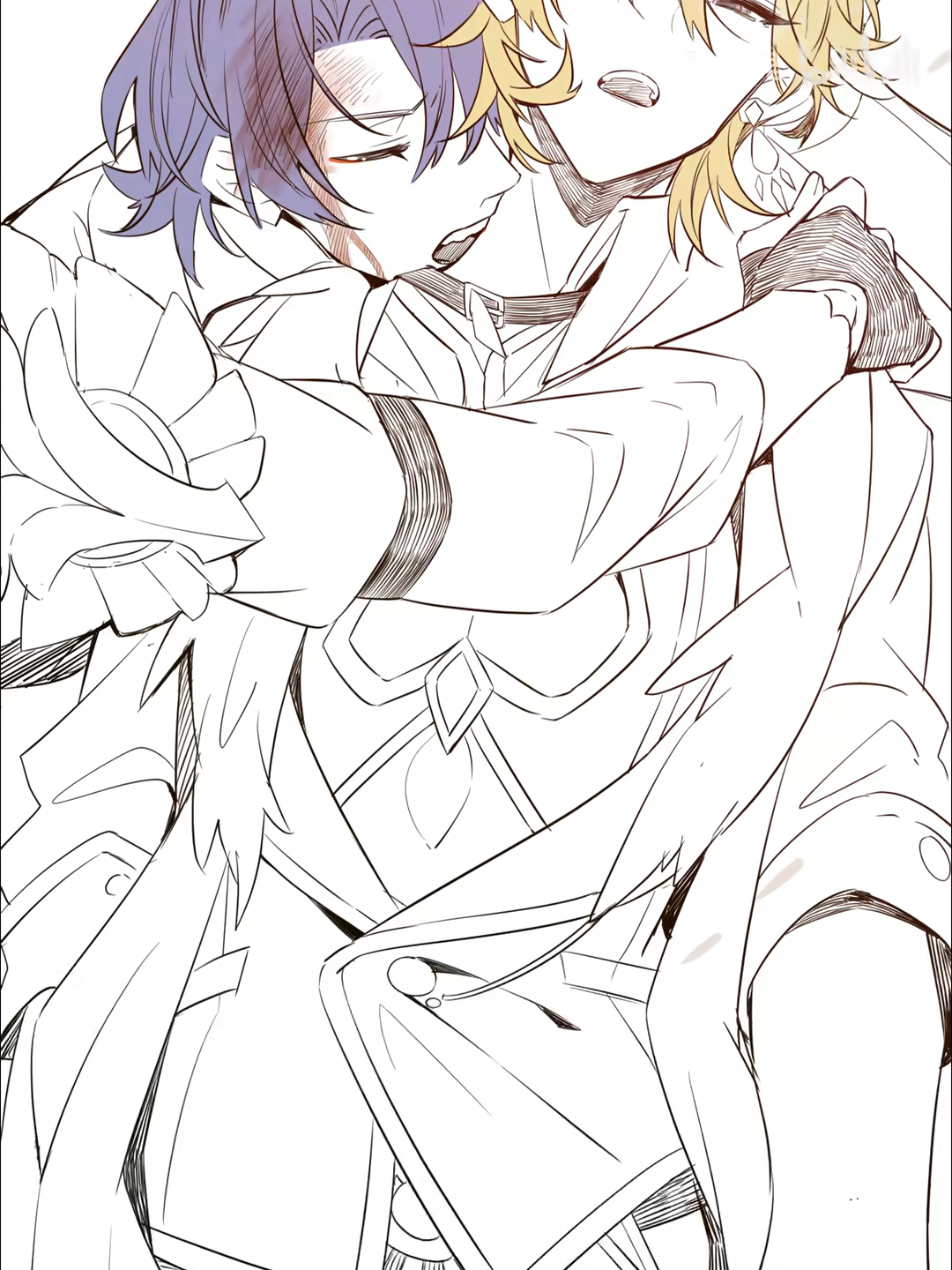 the image is a line art drawing in the style of anime or manga depicting two young men in a close embrace. one has purple hair and the other has blond hair.  their faces are close together, suggesting intimacy or affection. the style is sketchy and unfinished, giving it a sense of rawness and immediacy.  the focus is on their embrace and the detail in the line work. the clothing of both individuals is suggested through the line art. the overall tone is emotional and tender.
