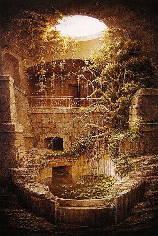the image is a painting or watercolor depiction of an ancient courtyard or structure in ruins. the area features stone architecture with visible brickwork and walls overgrown with plants, vines, and moss. a pond is present, covered with lily pads and reflecting light. a balcony with a wooden railing overlooks the scene. sunlight streams in through an opening or hole in the ceiling, illuminating the space. the overall impression is one of decay and natural reclamation of an ancient site. the style suggests a romanticized or historical artistic rendering, possibly depicting a location in italy.