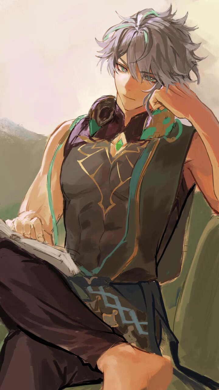 this is a digital illustration of a young anime boy sitting on a couch, reading a book. he has white hair, blue eyes, and is wearing glasses. he is wearing a green and gold outfit, with a necklace.  the character looks relaxed and casual, but also serious.
