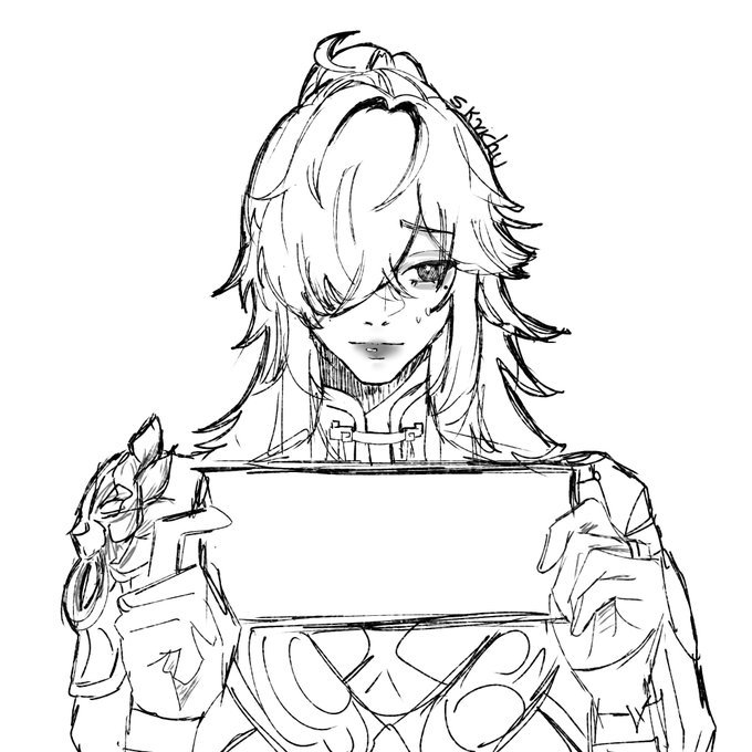 a black and white sketch of an anime character with long, wavy hair, wearing a collared shirt, holding a cell phone in both hands and smiling at the viewer. the sketch is stylized and features a cartoonlike appearance. the background is white.