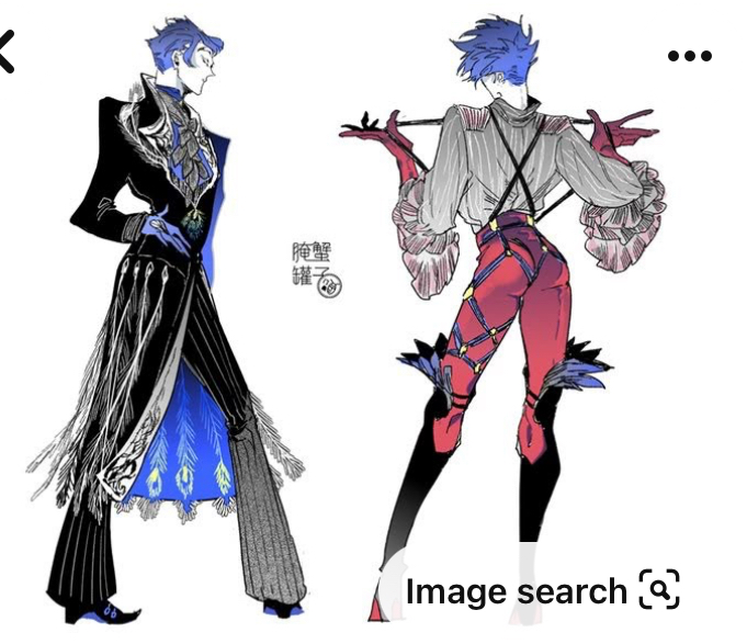 the image showcases two distinct views of the same animestyle male character. one view displays the character from the front, attired in an elegant, darkcolored coat with peacock feather accents and blue undergarments.  the other view provides a rear perspective, revealing the character in red pants with straps and a more flamboyant, theatrical design. both outfits incorporate elements of fantasy and a theatrical sense. the art style is stylized and detailed, with attention paid to both costume and character posture. the overall impression is one of a character designed for a visually striking role.