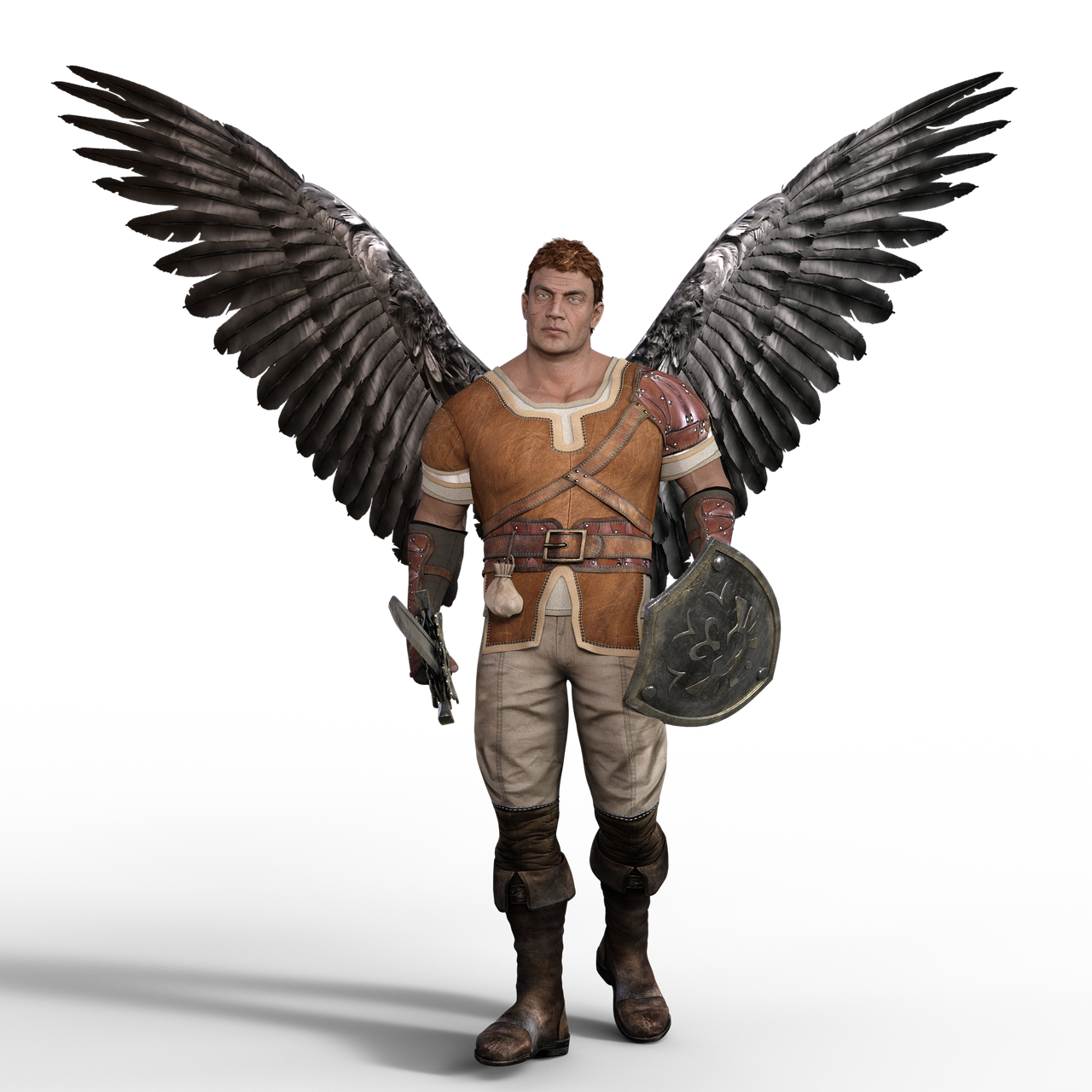 a fulllength digital art image shows a male angel with large feathered wings, dressed in medievalstyle armor and holding a sword and shield, standing against a black background. he has a serious expression on his face. he is wearing a brown tunic, beige pants, and brown boots, and is equipped with leather armor including a belt, shoulder pad, and gloves. his large, feathered wings extend outward, and he is holding a sword in his left hand and a shield in his right.