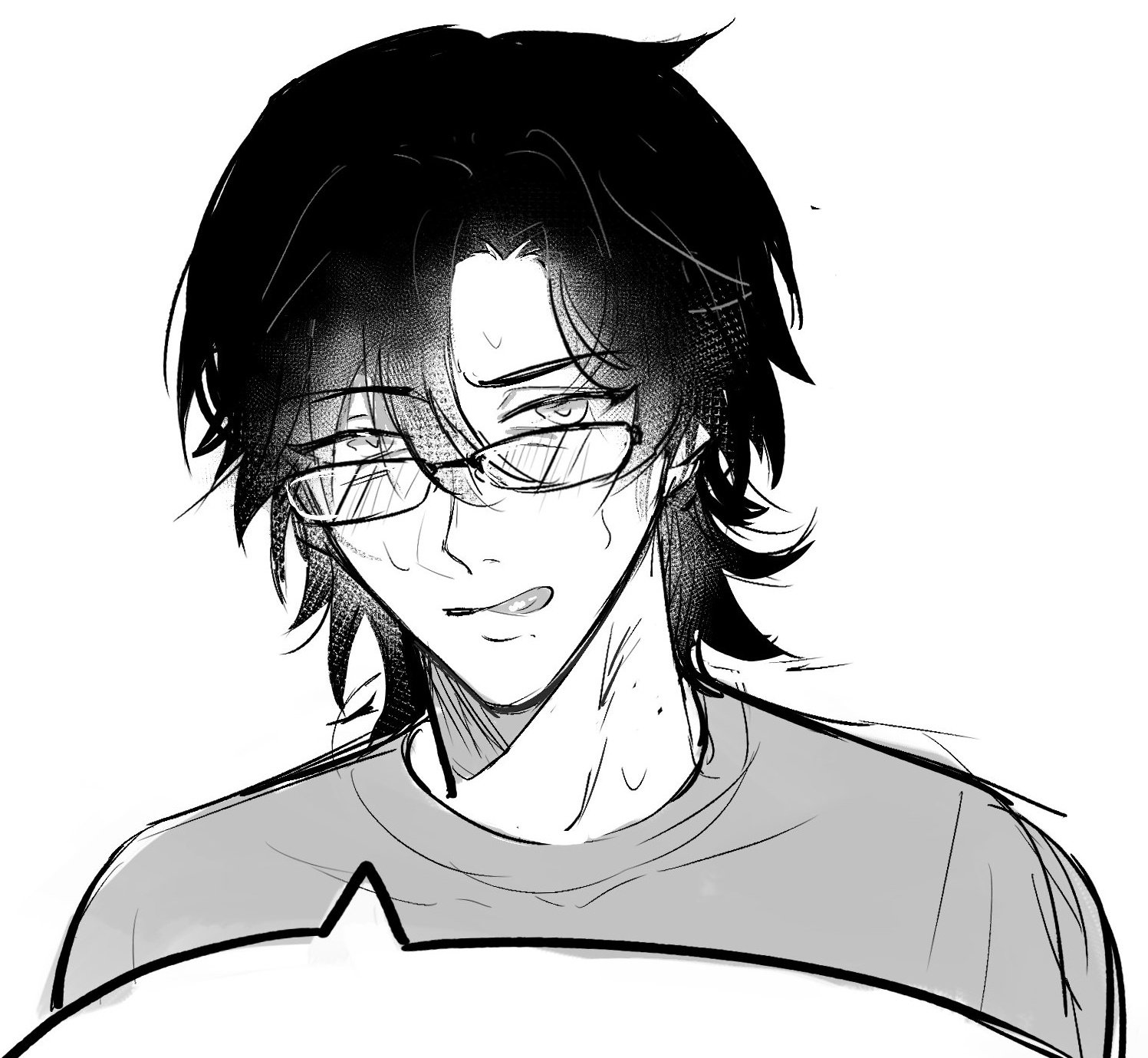 the image is a closeup, monochrome sketch or drawing of a young animestyle male character. he has dark, slightly messy hair, glasses, and a smirk on his face, suggesting a playful or mischievous expression.  there are subtle shading details indicating sweat on his forehead and neck, adding to the intensity of his expression.  he's wearing a simple tshirt, suggesting a casual setting. the style is reminiscent of manga or webtoon artwork.  a speech bubble is partially visible at the bottom, implying dialogue or narration. the drawing style is loose and expressive, prioritizing mood and character over precise detail.