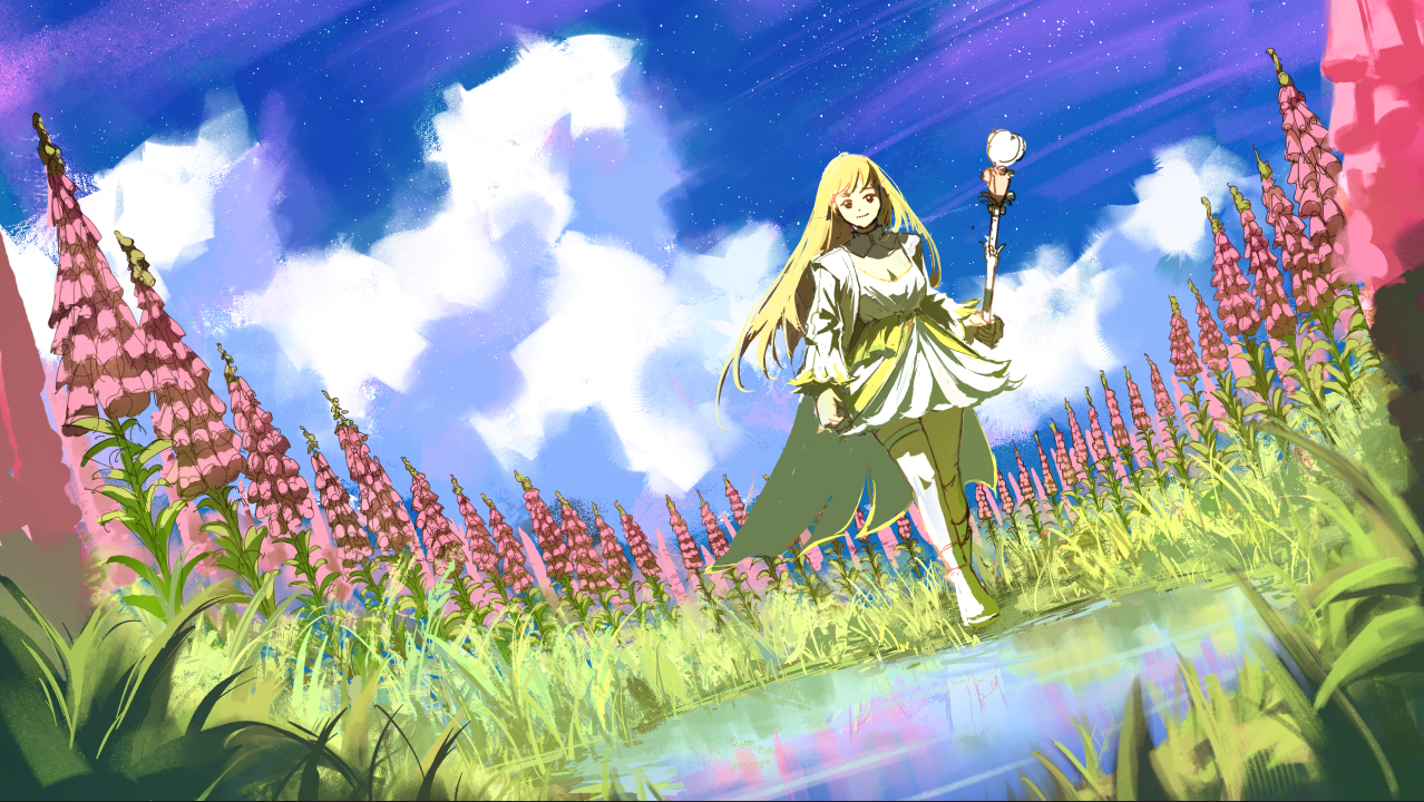 he image is a digital painting of an animestyle girl with long blonde hair wearing a white dress. she is walking through a field of foxglove flowers, holding a magical staff. the sky is bright blue with fluffy white clouds. the overall style is whimsical and peaceful, with bright, vibrant colors. the style is loose and painterly, with visible brushstrokes. the scene is suggestive of a magical or fantasy setting.