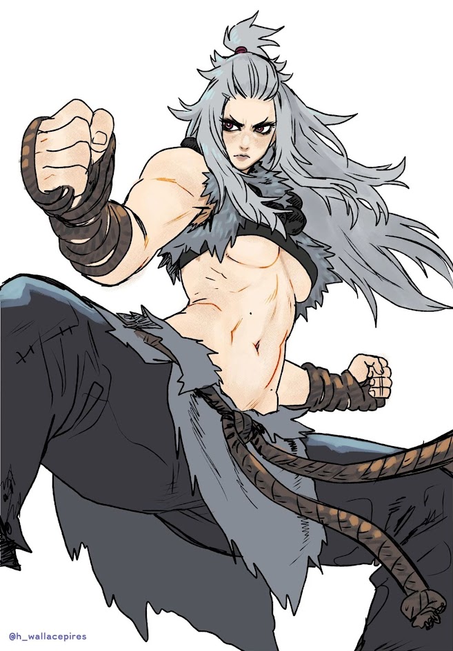 the image showcases an animestyle woman in a fierce fighting stance, her long, white hair flowing behind her. she's clad in a tattered, grey and black outfit, with ropes wrapped around her waist and wrists. her expression is determined, her eyes sharp, and her muscles are clearly defined.  her right arm is raised in a punching motion, demonstrating her powerful and confident stance.  the white background emphasizes her figure and her action.