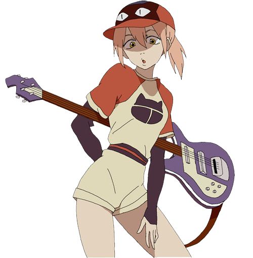 the illustration features a young woman with pink hair, cut in a short bob and styled with a red baseball cap adorned with a catlike design. she sports a surprised expression, with wide eyes and a slightly open mouth. her attire consists of a red and white baseball tee, emblazoned with a black cat silhouette logo, and short beige shorts. slung across her shoulder is a purple electric guitar. her left hand rests on the guitar's body, while her right hand is partially obscured, her index finger extended.