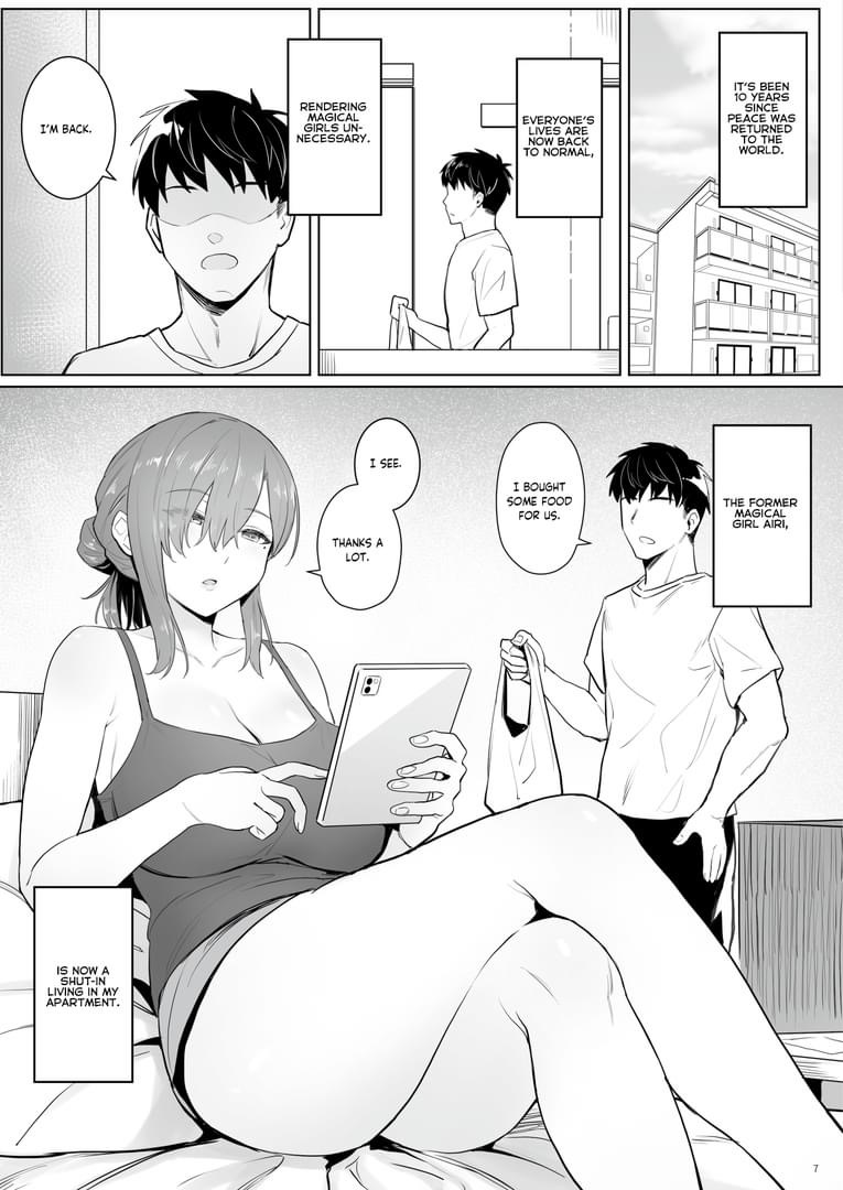 he manga panel shows a scene where a man has returned home after a tenyear absence following a period of conflict involving magical girls.  he's greeted by a former magical girl, now living with him in his apartment. she's relaxed on a couch, using a tablet. he's brought groceries and they seem to share a peaceful and comfortable domestic relationship. the narrative reflects on the return to normal life and the changed circumstances. the art style is clean and expressive, consistent with typical romance/sliceoflife manga.