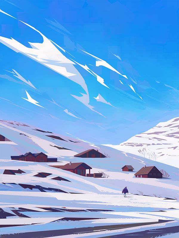 a snowy landscape featuring a small village nestled amidst snowcovered hills. the houses, painted in warm hues of brown and red, stand out against the pristine white snow. the sky is a brilliant blue, with wispy white clouds adding a touch of movement. a lone figure can be seen walking along a path, their presence emphasizing the vastness and tranquility of the scene. the overall atmosphere is one of peace, solitude, and the beauty of winter.