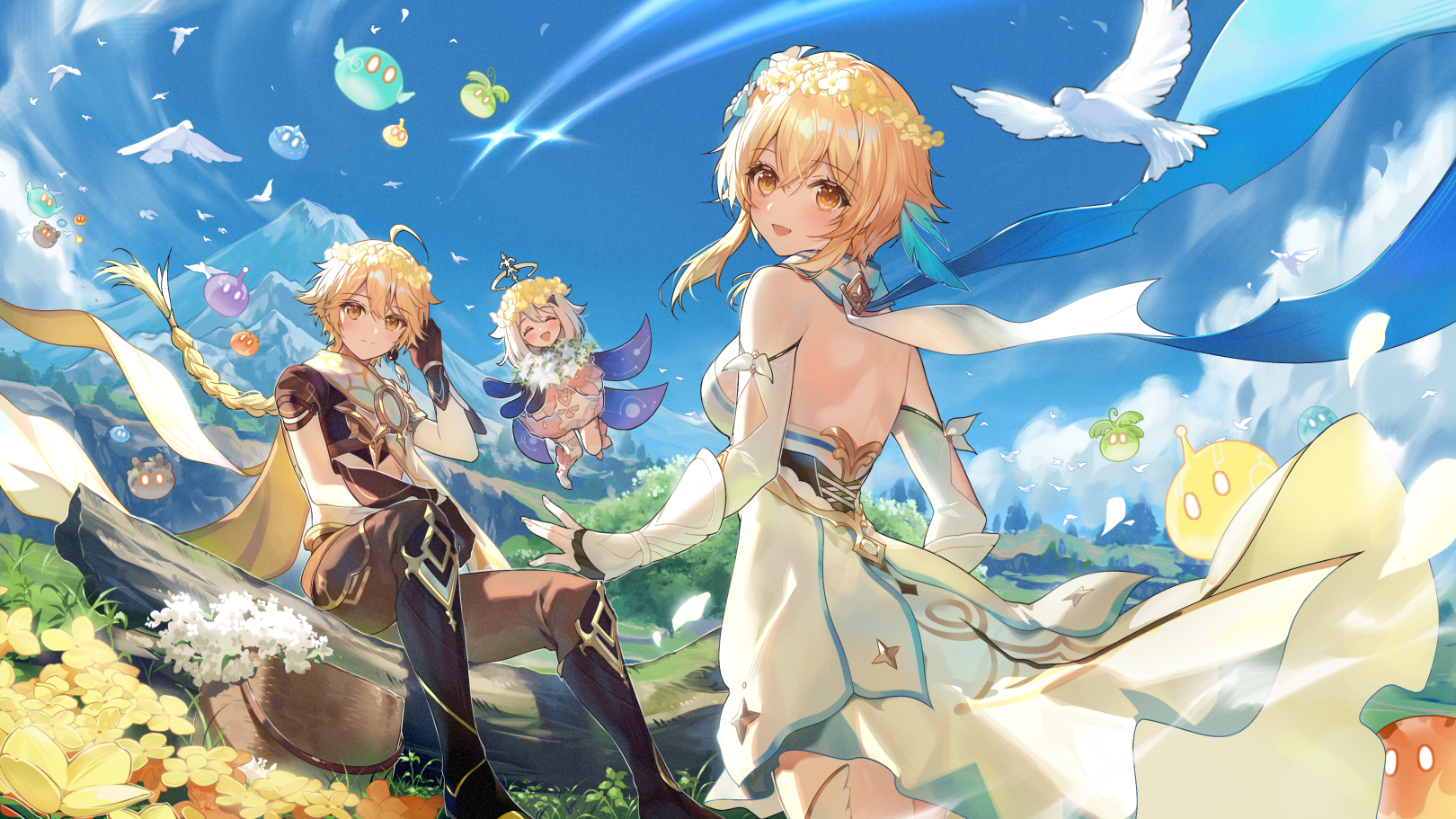 the image is a vibrant piece of digital fanart depicting two animestyle girls in a dreamy, fantastical setting reminiscent of the game genshin impact.  one girl is wearing a flowing white and light blue dress adorned with stars, a flower crown, and her hair is long and blonde. she is positioned prominently in the foreground, her dress billowing slightly in the wind.  the other girl, with similar blonde hair styled in a braid, is seated on a rock, wearing a more ornate outfit in shades of yellow and brown.  both girls are smiling cheerfully.a small, winged fairylike creature floats nearby, while numerous small, round, colorful slimes and white birds drift through the sky.  the background features a rolling green landscape with mountains in the distance, and the overall atmosphere is peaceful and serene.  yellow flowers bloom abundantly in the foreground, adding to the bright, joyful palette of the artwork. the style is reminiscent of anime and emphasizes soft shading and pastel colors.