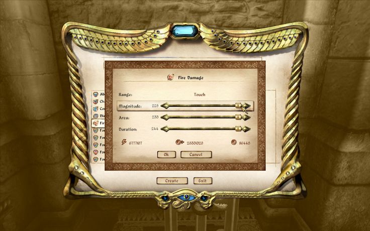 a screenshot of the "fire damage" settings menu in a video game. the menu is surrounded by a golden, ornate frame and allows players to adjust various parameters like range, magnitude, area, and duration of fire damage. the options include "touch", "range", "magnitude", "area", "duration", "attinet", "ok", "cancel", "create", and "exit". the interface has a classic fantasy style with elements like a blue eye and a flame symbol.