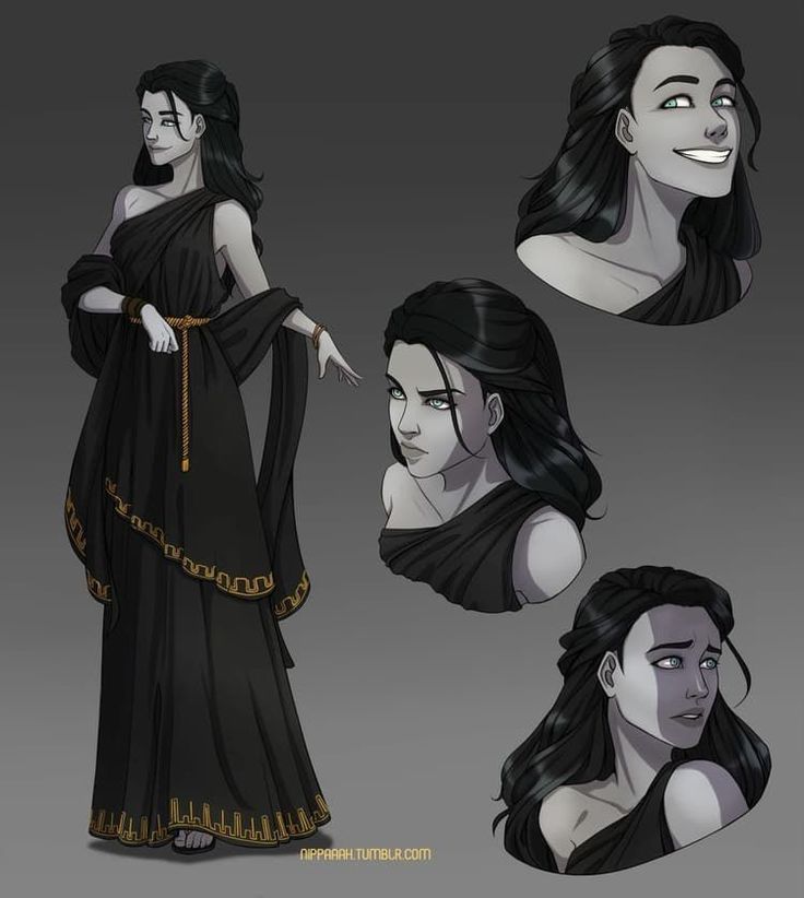the image showcases a digital illustration of a female character, possibly a goddess or other fantasy figure, in a dark aesthetic. the main focus is a fullbody depiction of her in a long, black grecianstyle dress adorned with gold detailing.  her hair is dark, and her expression is serious but not unkind.  the illustration also includes three additional closeup views of the character's head and shoulders, offering different angles and expressions. these supplementary portraits emphasize the character's hair and facial features. the art style is clean, with smooth shading and attention to detail in the clothing and hair. the overall tone is somber and elegant. the artist's tumblr handle, "nippaah", is visible at the bottom.