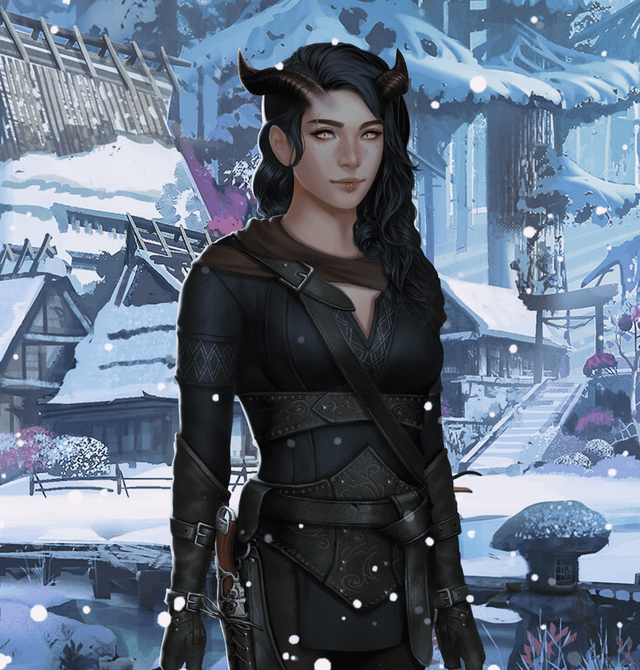 a portrait of a tiefling woman in winter. she has dark hair, horns, and pale skin. she is wearing a dark outfit with leather details and a weapon at her hip. the background shows a snowy, fantasy landscape with buildings and trees.
