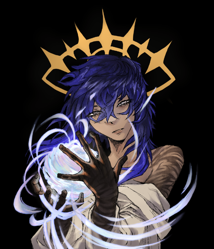 an illustration of a male wizard anime character with dark blue hair, a golden halo behind his head, wearing white clothing, holding a glowing white orb in his hands, with light streams emanating from the orb, set against a black background.
