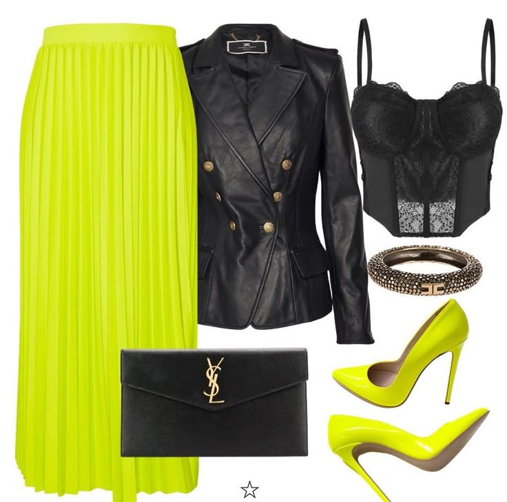 the image displays a curated fashion outfit featuring a bright yellow pleated skirt paired with a black leather doublebreasted jacket. a black lace bustier is placed beside the jacket. completing the ensemble are matching bright yellow pointytoe heels, a black clutch with a gold ysl logo, and a studded bracelet.