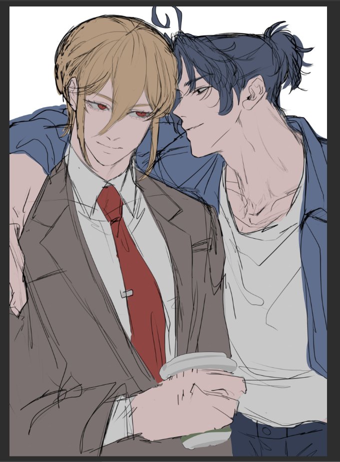 a sketch of two men, one in a suit and tie, the other in a jacket, holding a cup of coffee. the man in the suit is looking at the camera, while the man in the jacket is smiling at him. they are both standing close together, with their hands touching. the image is a cute and romantic depiction of a couple.