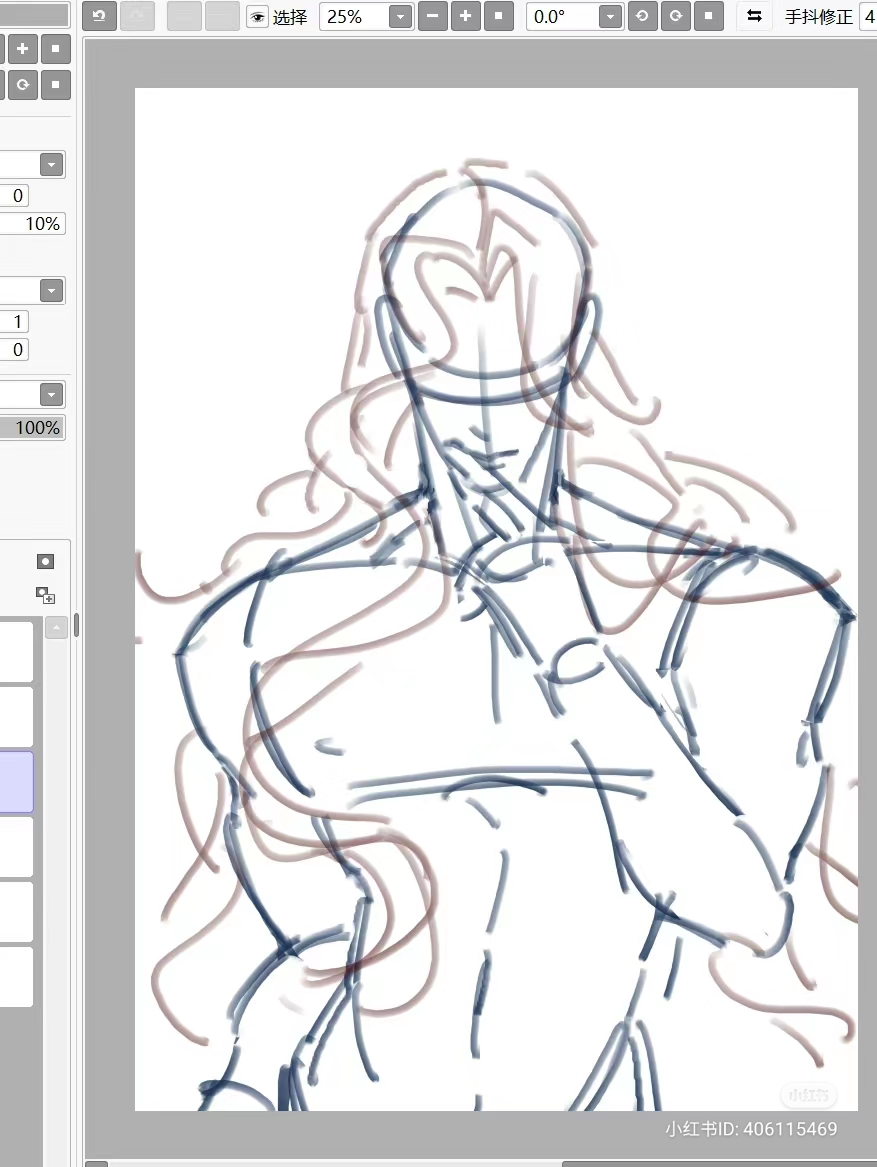 this is a digital sketch of a woman with long, flowing hair, from the back. the sketch is drawn in shades of gray and brown on a white background, using a variety of line weights to create depth and form. the woman's hair falls down her back in loose waves, and she appears to be looking over her shoulder. the sketch is still in progress, but the artist has captured the graceful pose of the subject.