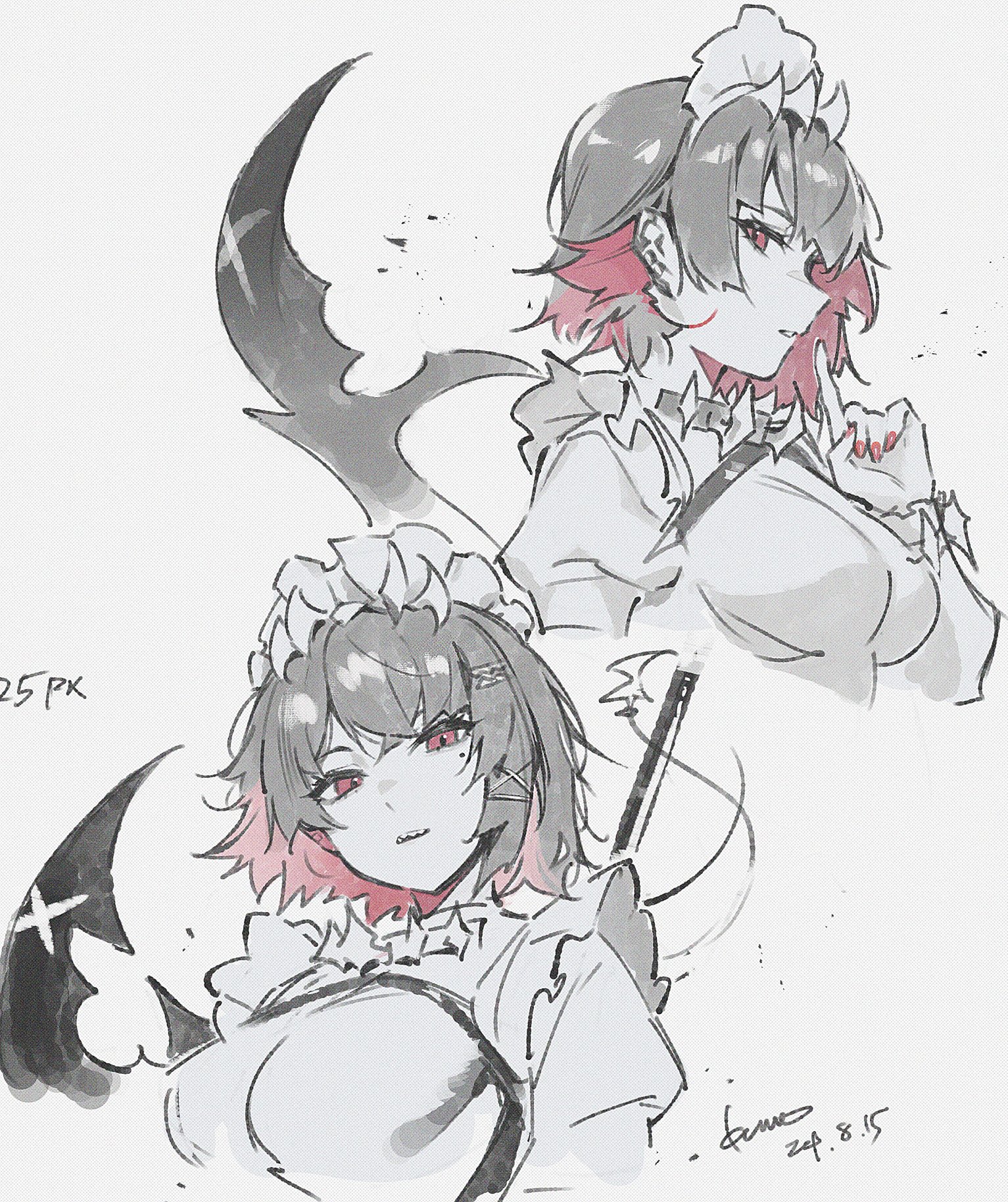 the image is a sketch of two animestyle women in maid outfits with red eyes and black hair. one woman is positioned in the lower left, looking forward with a slight smile. she has a winglike weapon behind her. the other woman is in the upper right, in profile, holding a finger to her lips. the sketch is done with pencil. both characters have a red blush and are wearing maid headpieces.