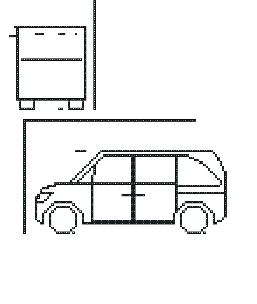 a black and white line drawing of a car parked in a garage. the car is a van with sliding doors and is parked with its side facing the viewer. the garage door is open.