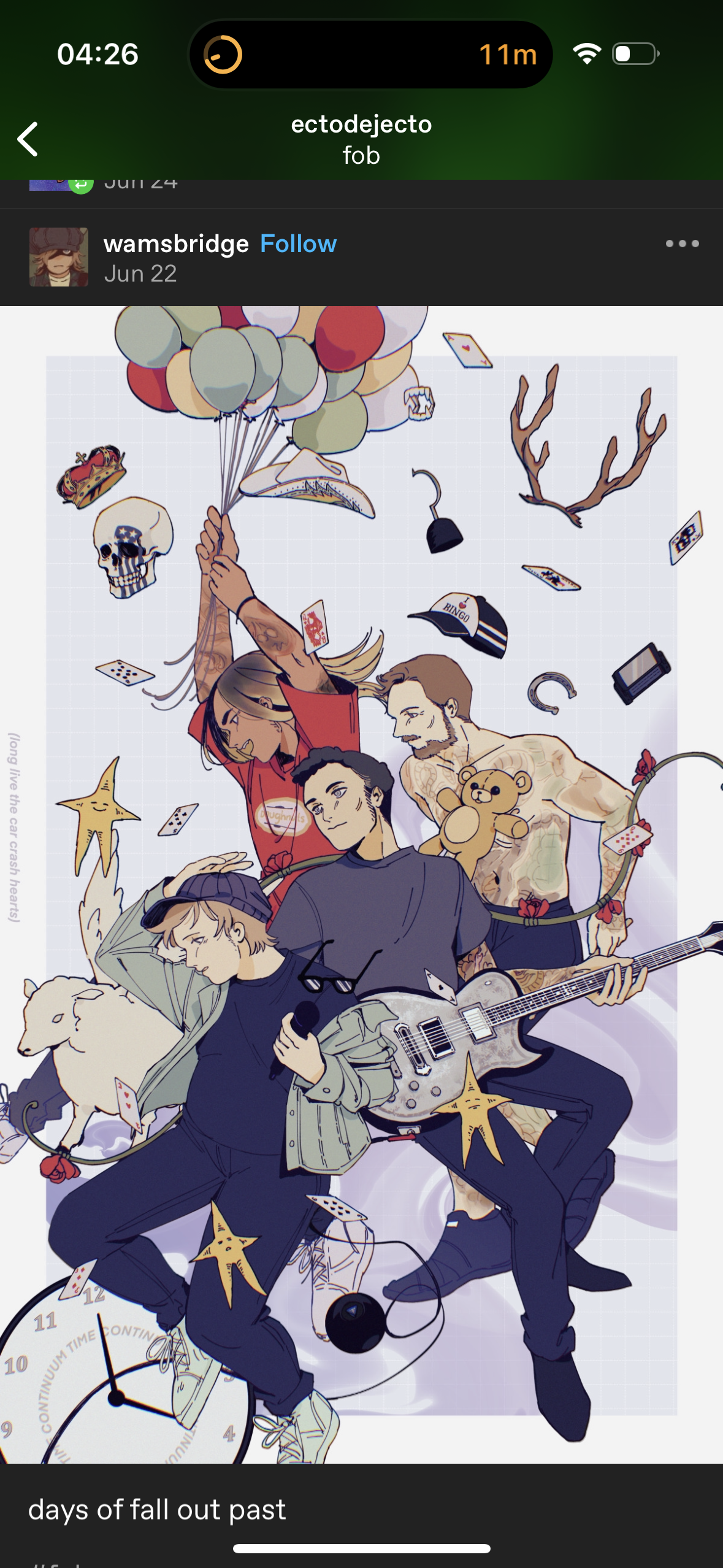 this is an illustration depicting a band with a  punk rock aesthetic. the illustration features a group of four young male characters. the one in the middle is playing a guitar, in front of them is a white sheep, and another male is sitting next to the sheep with a concerned look. the other two characters are in the back. the image is filled with colorful details such as balloons, stars, and hearts, which add to the overall sense of fun and energy. the art style is cartoonish and colorful, which is characteristic of a fun and energetic band.