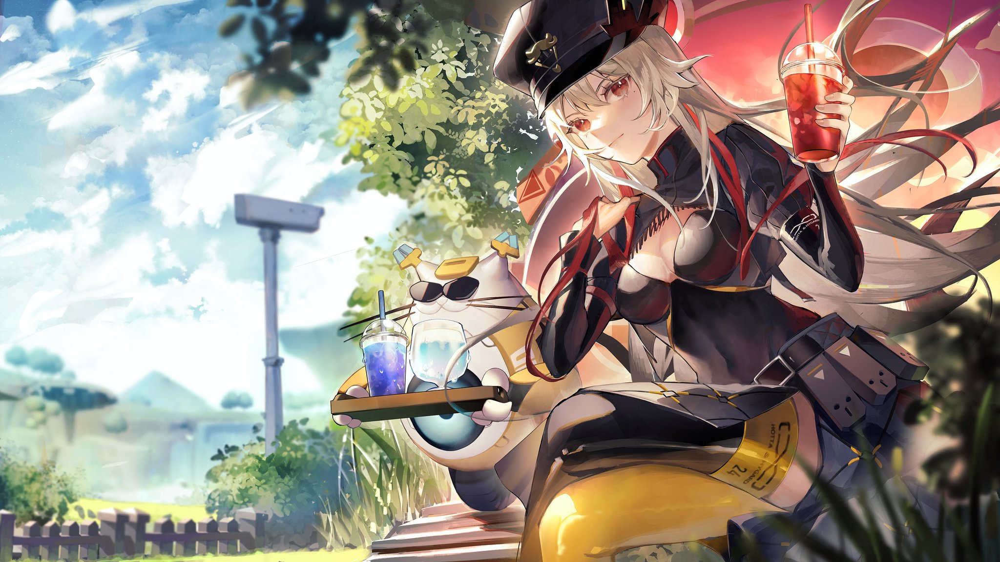 a digital illustration of an anime girl sitting on a robot cat. the girl has long white hair and is wearing a black and red outfit. the robot cat is wearing sunglasses and has a yellow and white color scheme. both are holding cups of drinks and are smiling. the background is a scenic outdoor setting with trees and a blue sky.