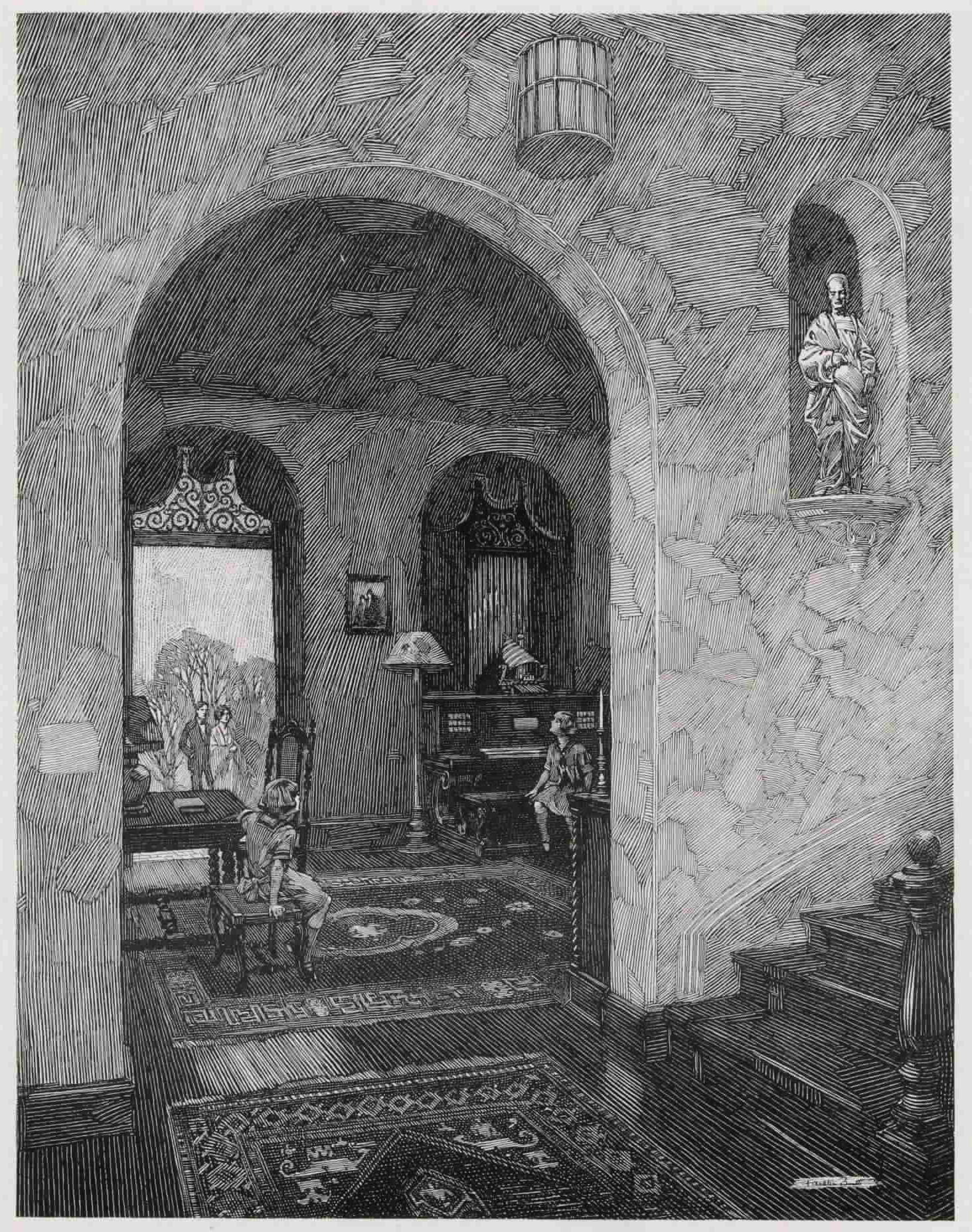 a detailed black and white illustration or engraving depicts the interior of a house, specifically a hallway with an arched opening. two children are visible; one girl sits in a chair near a window, while another, possibly a boy, sits at a small organ. the hallway features a richly patterned rug or carpet, stone or plaster walls with architectural details, and a staircase leading upward. in a niche in the wall is a statue of a religious figure. the overall style suggests a historical setting, possibly early 20th century, with attention to architectural details and period furniture. the artwork's fine lines and shading give depth and realism to the scene.