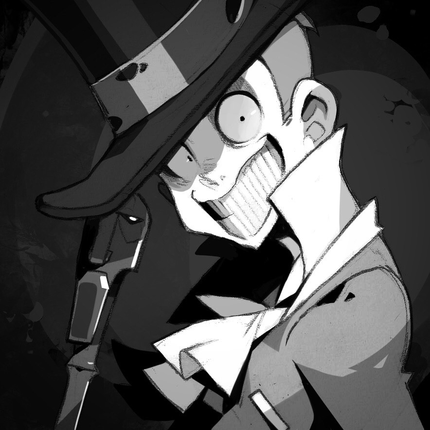 a black and white illustration of a man with an unsettling grin wearing a top hat.  the style is cartoonish but has a sinister tone.