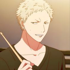 the image showcases a digital illustration of a young man with short, spiky blonde hair. he has a confident smirk on his face and is holding a drumstick in his hand. his attire consists of a simple black shirt with a vneck. the lighting is soft and warm, casting subtle shadows on his face and highlighting his features. the closeup perspective emphasizes his expression and the details of his appearance.