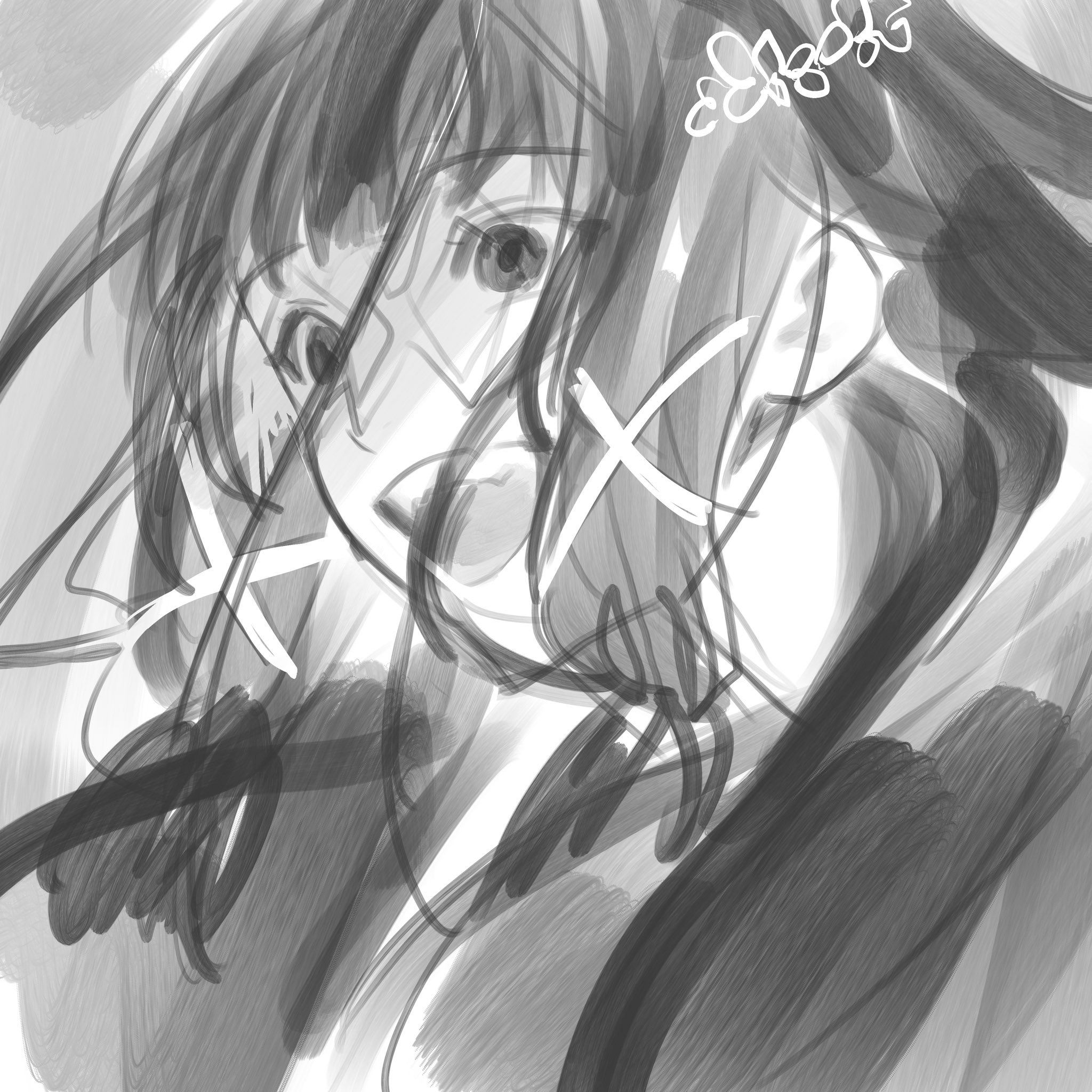 a black and white illustration of an anime girl with her hair covering most of her face. her hair is drawn in a messy and stylized way, with a few strands of hair framing her face. the girl's eyes are closed, and she looks away from the viewer. the drawing is done in a sketchy and abstract style, which creates a mysterious and dreamy atmosphere. the girl's expression is hard to decipher, but it seems to be one of sadness or longing.