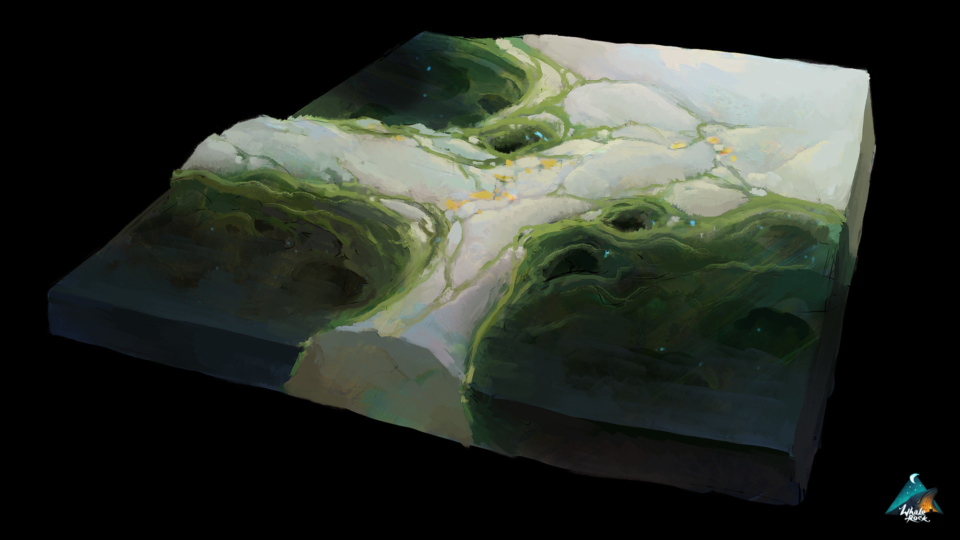 a digital painting of a  topdown view of a terrain map concept. the terrain is a mixture of mossy forest and swamp, with a river winding its way through the center. there is a path following the river. the lighting is ambient with a warm directional light.
