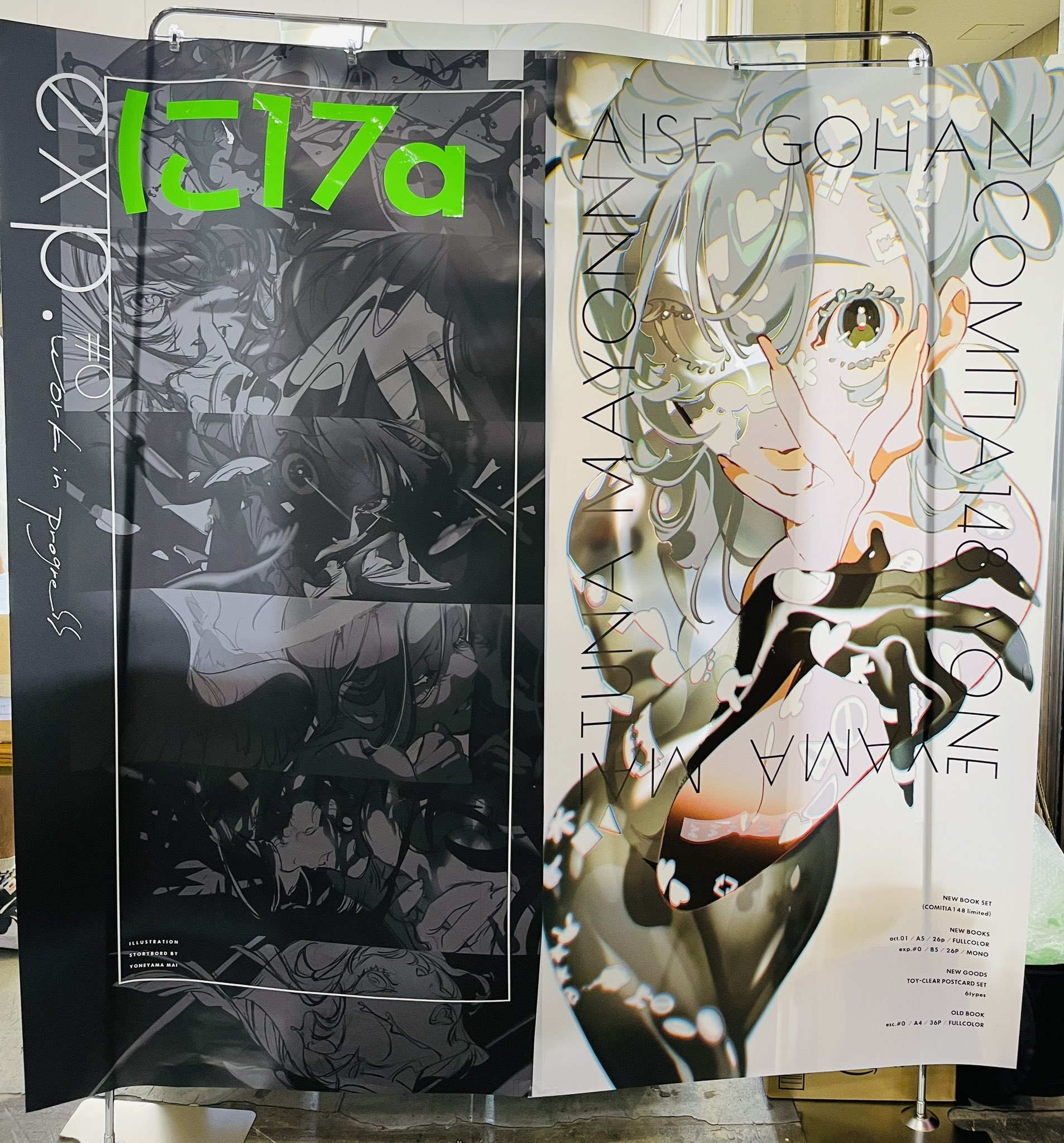 the image shows two banners for "aise gohan" at, likely, the comic market (comiket) 102 event in japan. the banner on the right features a female character with white hair and intricate clothing, while the banner on the left showcases action scenes with dark and dynamic artwork. the bright, artificial lighting illuminates the banners, offering a clear view of the vibrant illustrations.