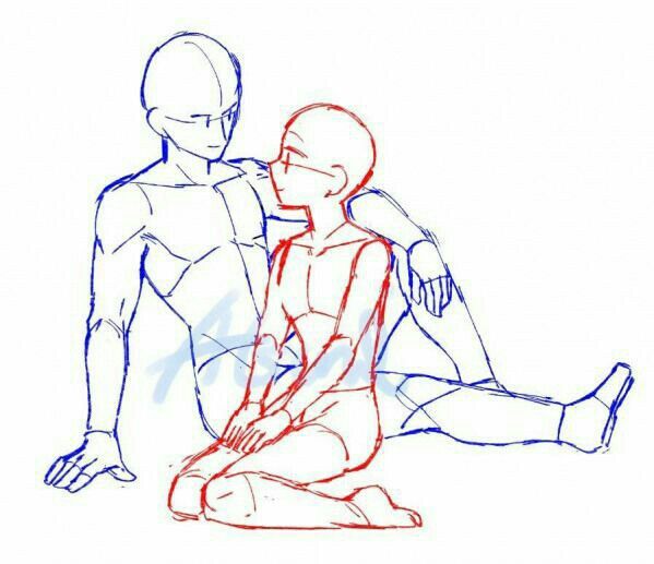 this is a line art drawing of a couple sitting together. the drawing is in a manga/anime style. the woman is sitting with her legs crossed and her