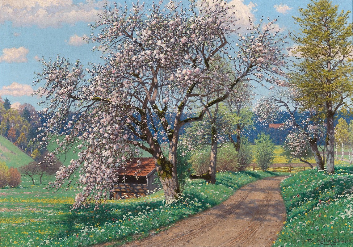 a vibrant landscape painting depicts a dirt road winding through a meadow in springtime. flowering trees, covered in blossoms, frame the scene. a small hut is nestled among the trees. the sky is blue with scattered clouds. the overall style is impressionistic.