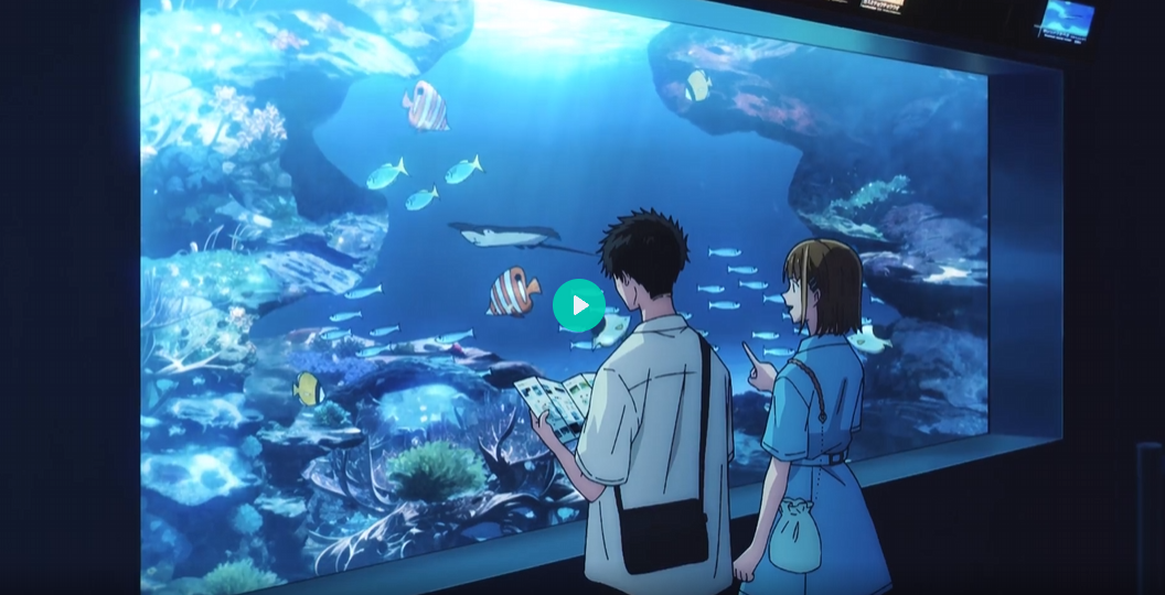 the image is a still from an anime depicting a young couple on a date at an aquarium.  they are standing in front of a large tank filled with various colorful fish and coral. the man is holding a pamphlet or map, and the woman points excitedly at the fish. the overall style is peaceful and romantic, evoking a summer vacation or a leisurely day out. the colors are muted blues and greens, reflecting the underwater scene.