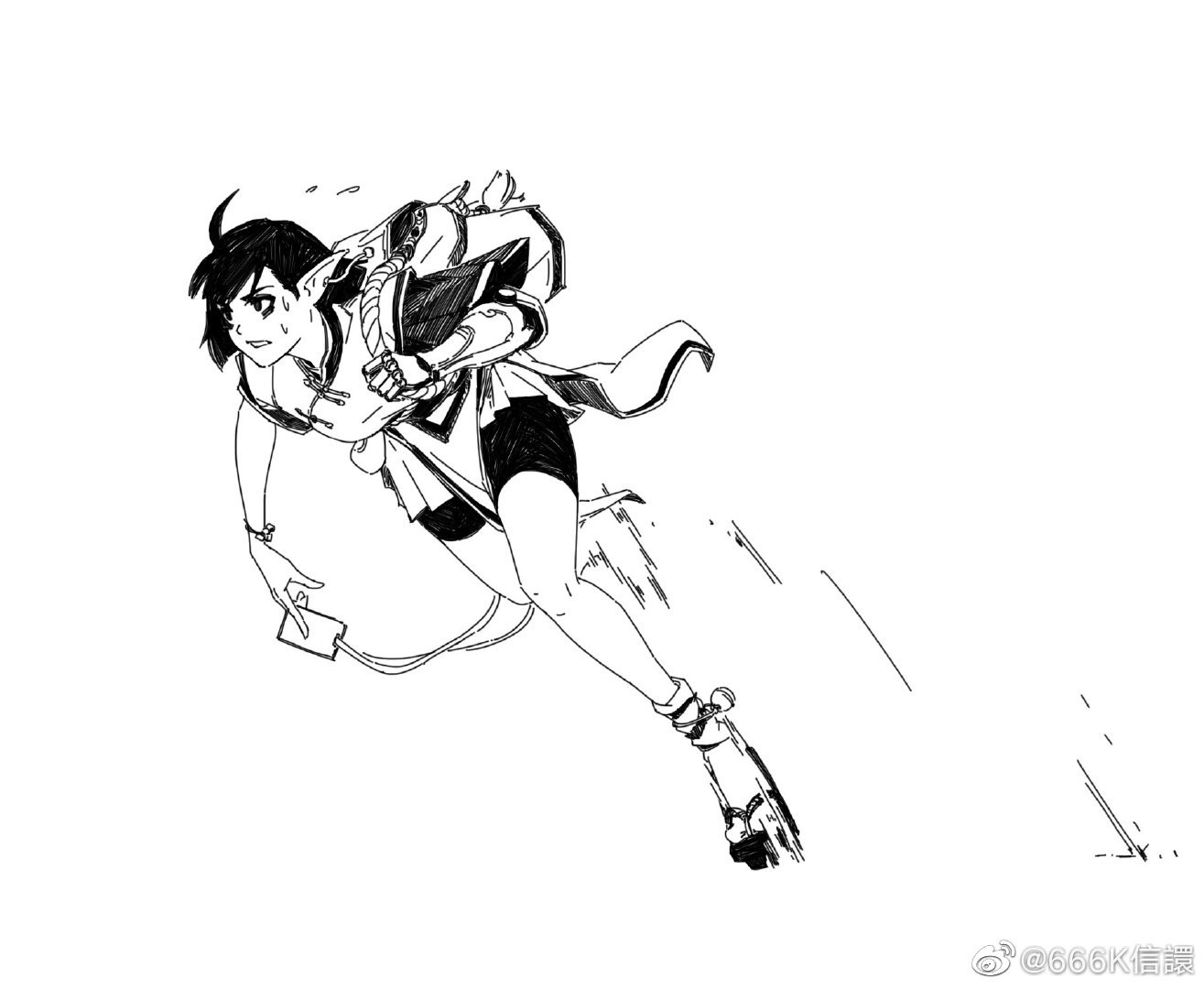 the image is a dynamic black and white sketch of an animestyle girl running at high speed. she has short hair, elflike ears, and is wearing a loosefitting outfit. her movement is depicted with exaggerated lines and motion blur, suggesting speed and energy.  the style is reminiscent of manga or graphic novel art, with a focus on expressive linework and a sense of action.  the overall impression is one of power and movement.