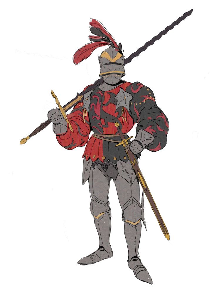 he image is a fullbody illustration of a fantasy knight. the knight is wearing gray plate armor with a red and black surcoat decorated with stylized dragons. the surcoat is primarily red with black accents and gold detailing.  the knight has a large, ornate plume on their helmet and is holding a long sword in one hand and a shorter sword at their side. the illustration style is detailed, with visible texture and shading. the background is white, making the knight the focal point of the image. the overall aesthetic suggests a medieval or renaissance setting.