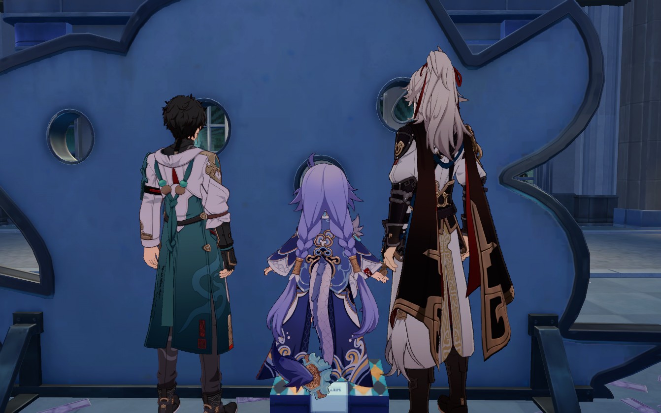 a still image from the video game "genshin impact" that shows 3 characters standing back to back in front of a blue wall with their backs turned to the viewer. the characters in the image are ganyu, xiao, and hu tao. the image is in a 3d rendered style.
